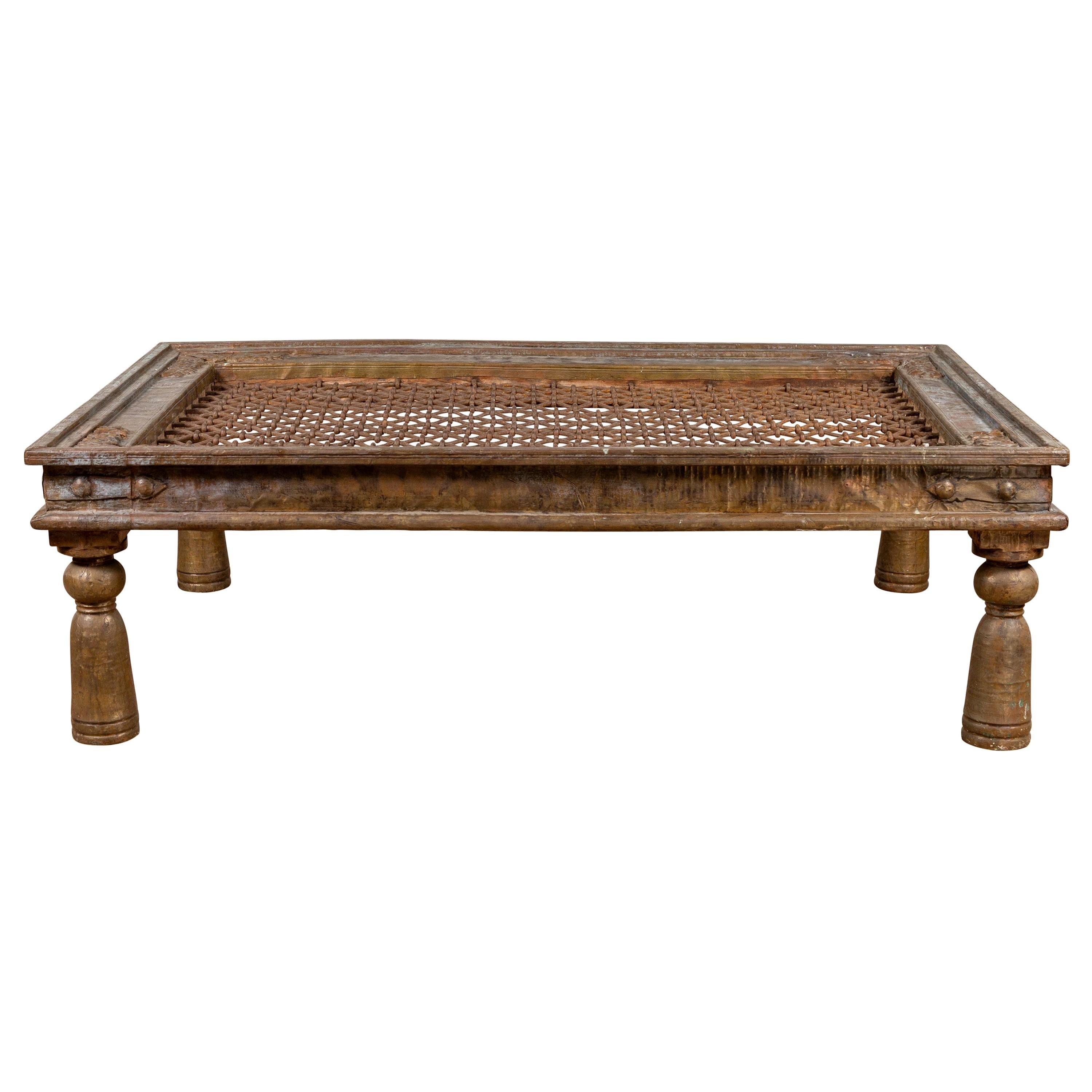Antique Indian Window Grate Made into a Coffee Table with Metal Sheathing