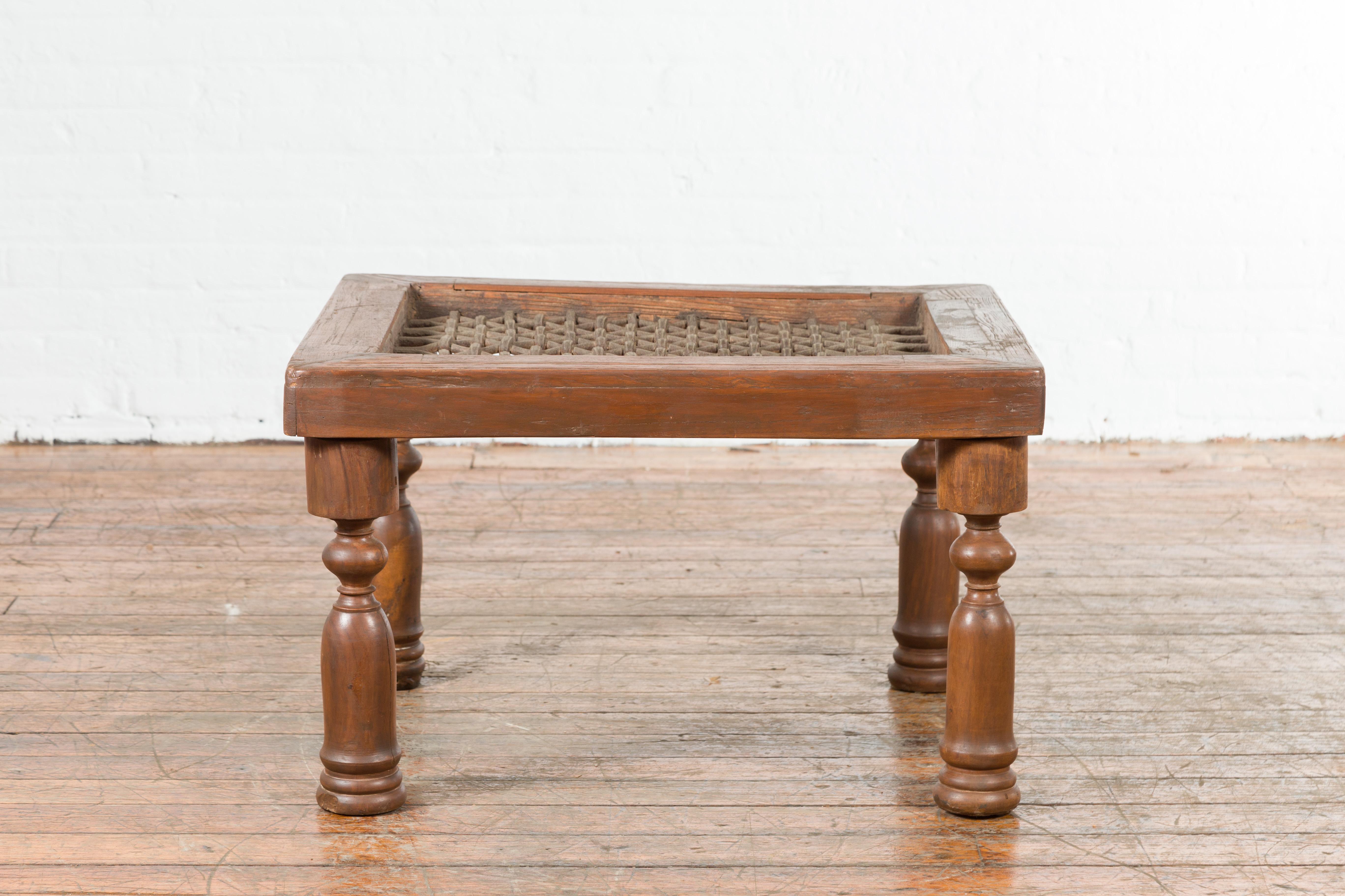 Antique Indian Window Grate Made into a Coffee Table with Turned Baluster Legs For Sale 6