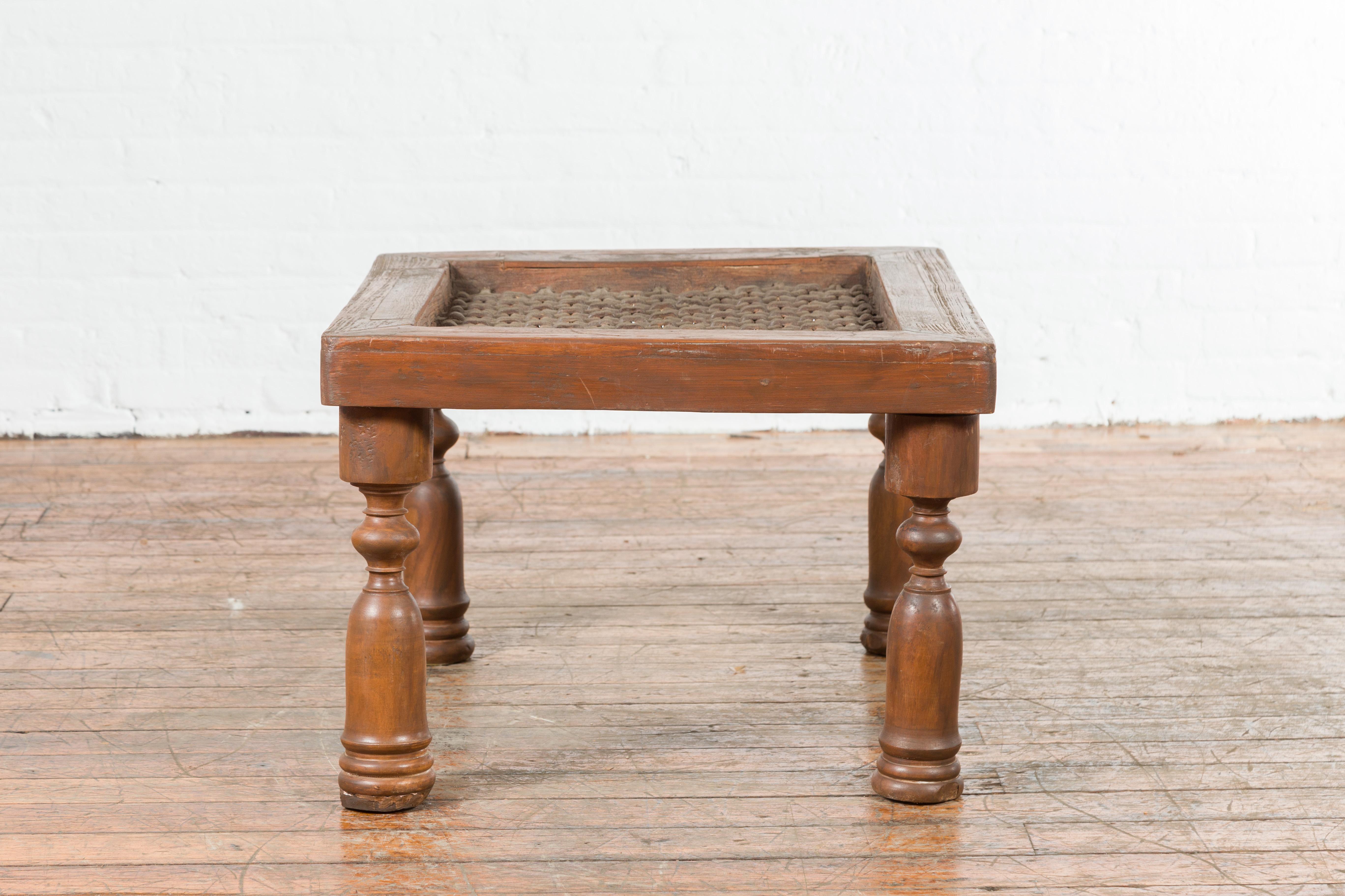 Antique Indian Window Grate Made into a Coffee Table with Turned Baluster Legs For Sale 7