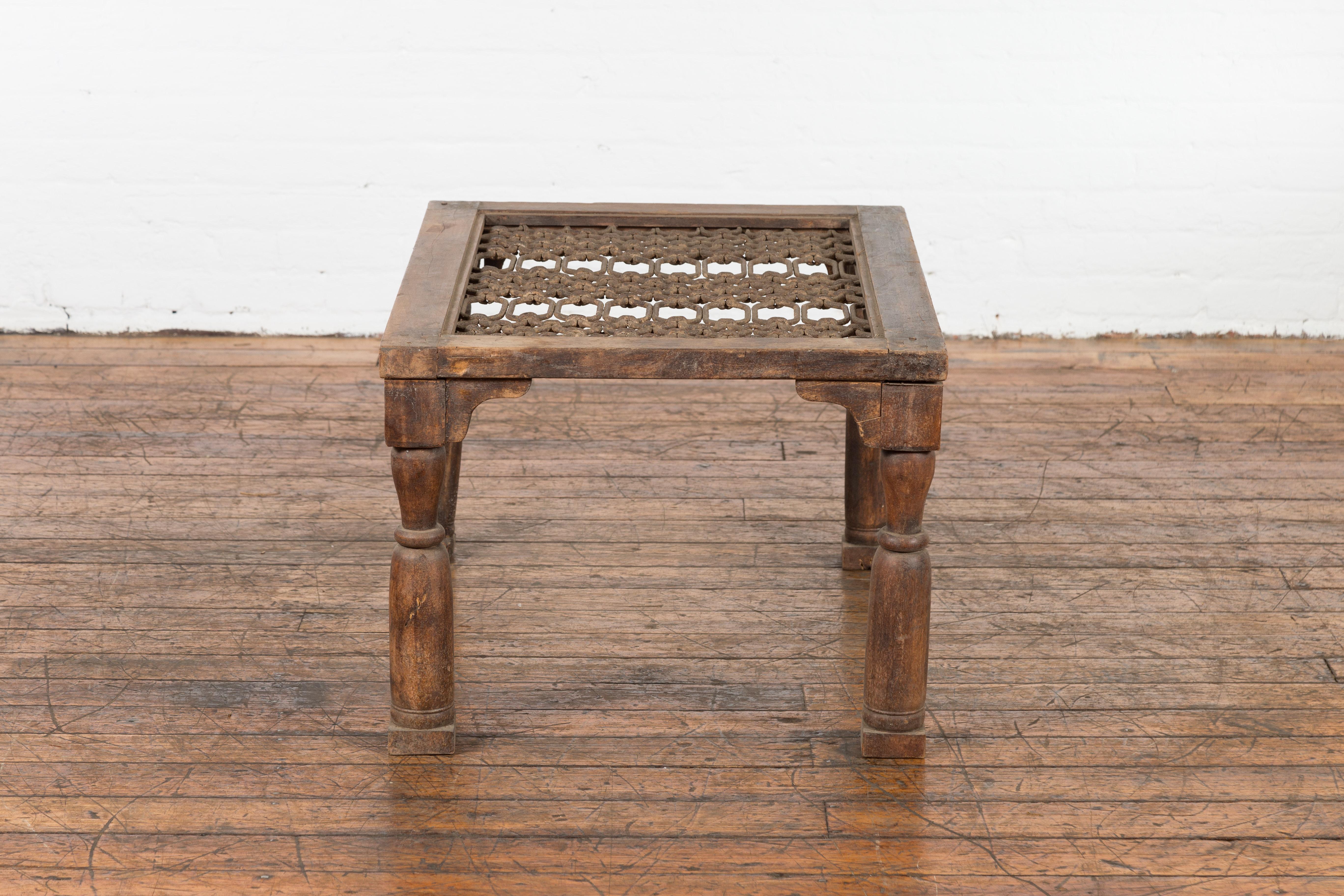 Antique Indian Window Grate Made into a Coffee Table with Turned Baluster Legs For Sale 4