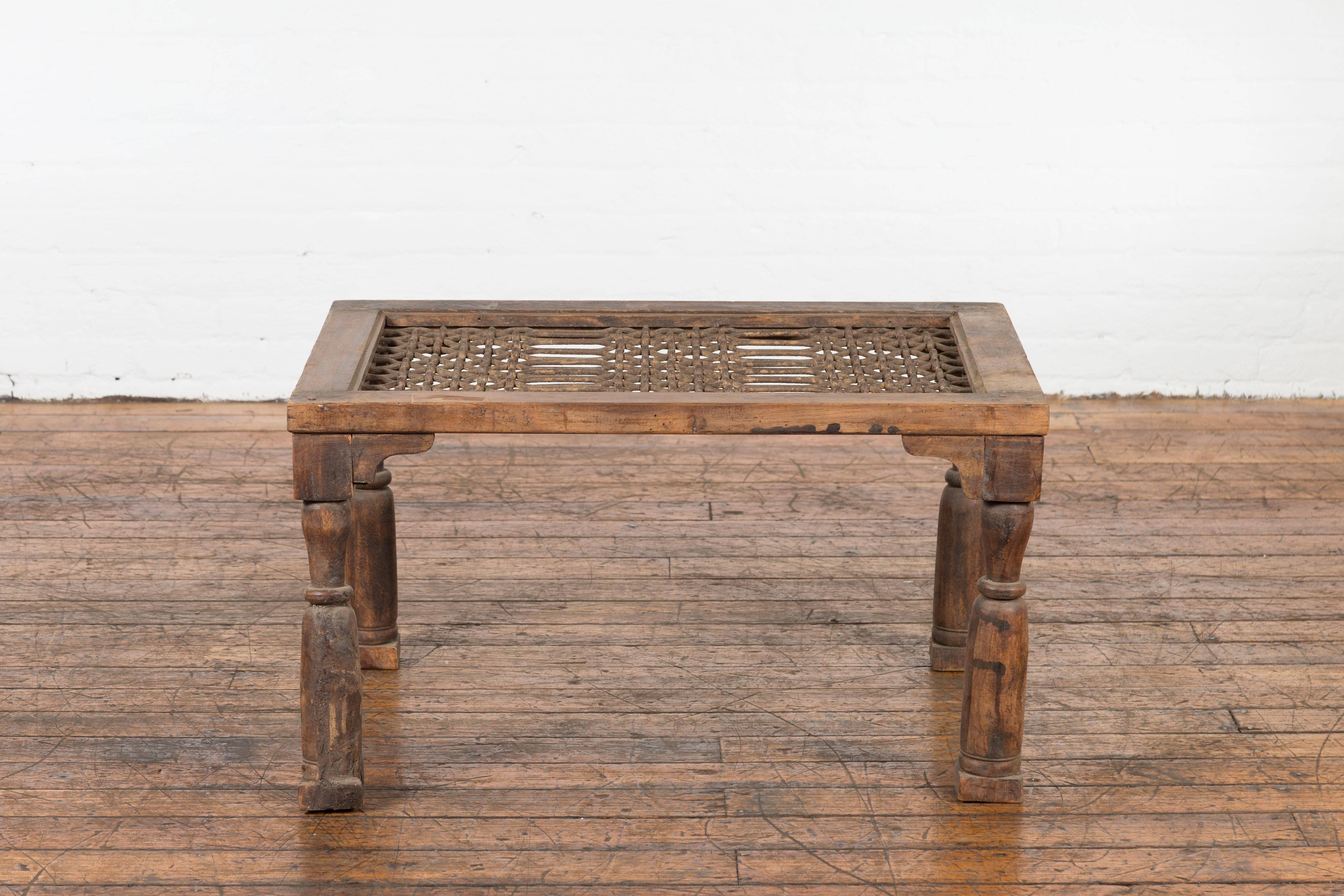 Antique Indian Window Grate Made into a Coffee Table with Turned Baluster Legs For Sale 5