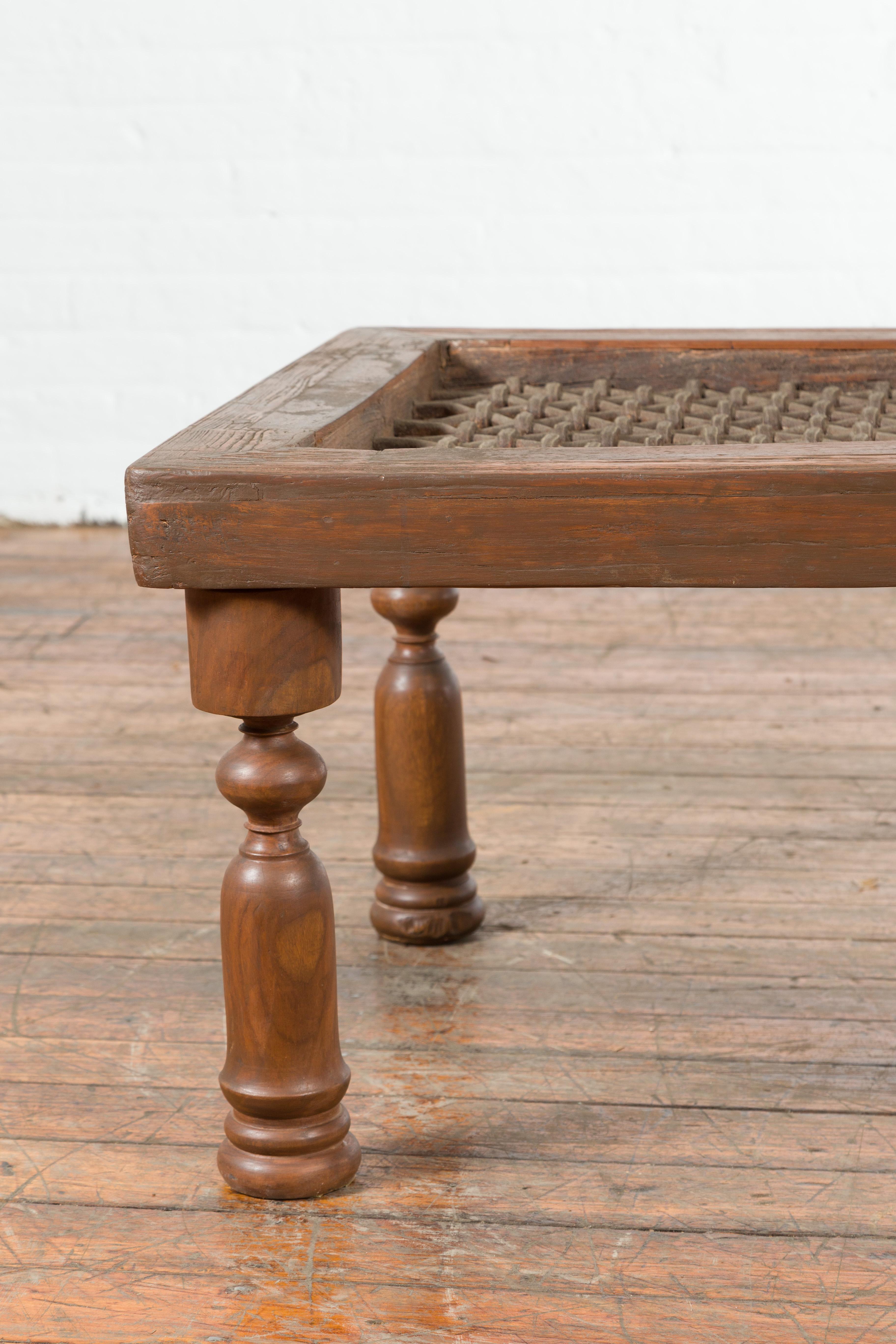 Antique Indian Window Grate Made into a Coffee Table with Turned Baluster Legs In Good Condition For Sale In Yonkers, NY