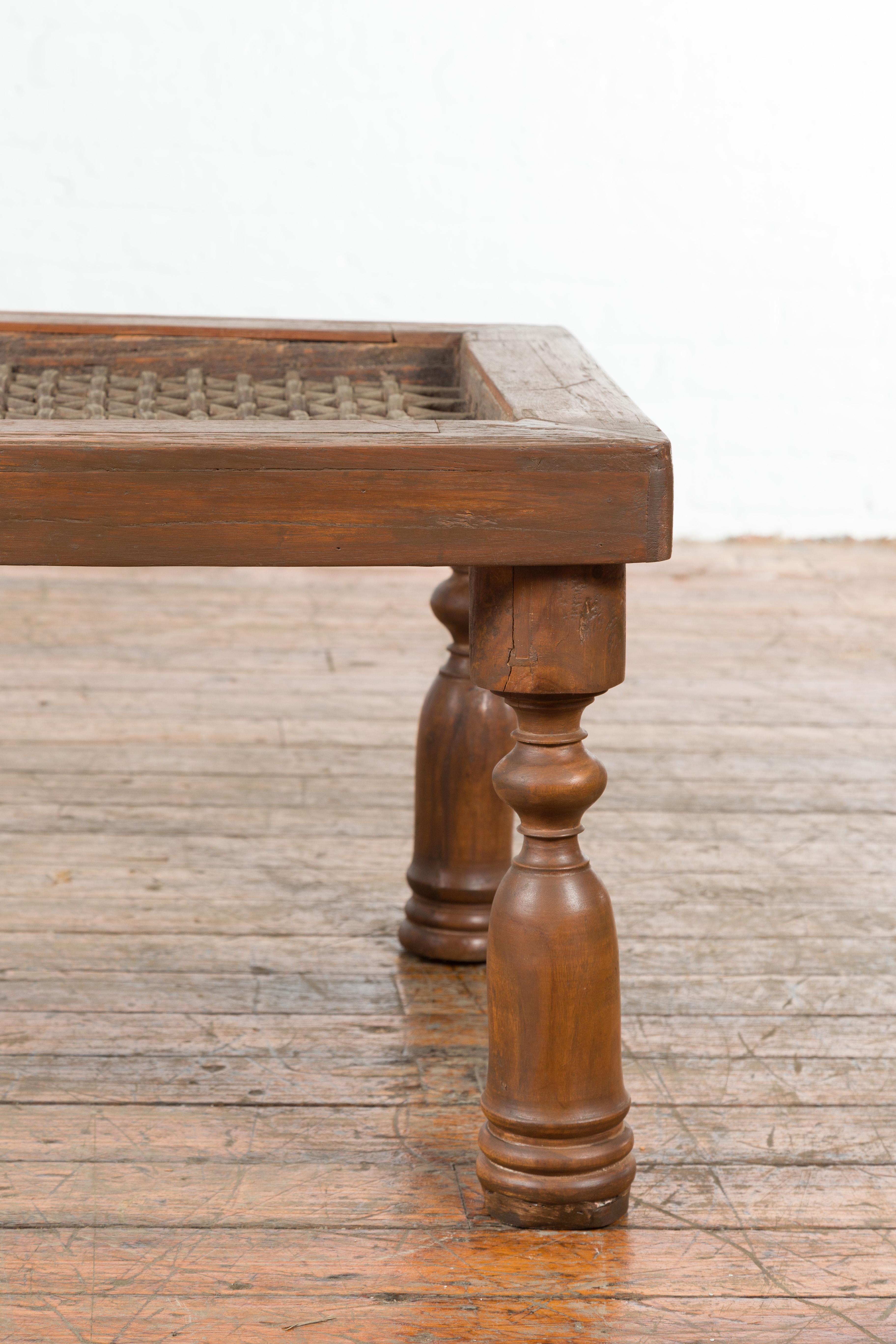 20th Century Antique Indian Window Grate Made into a Coffee Table with Turned Baluster Legs For Sale