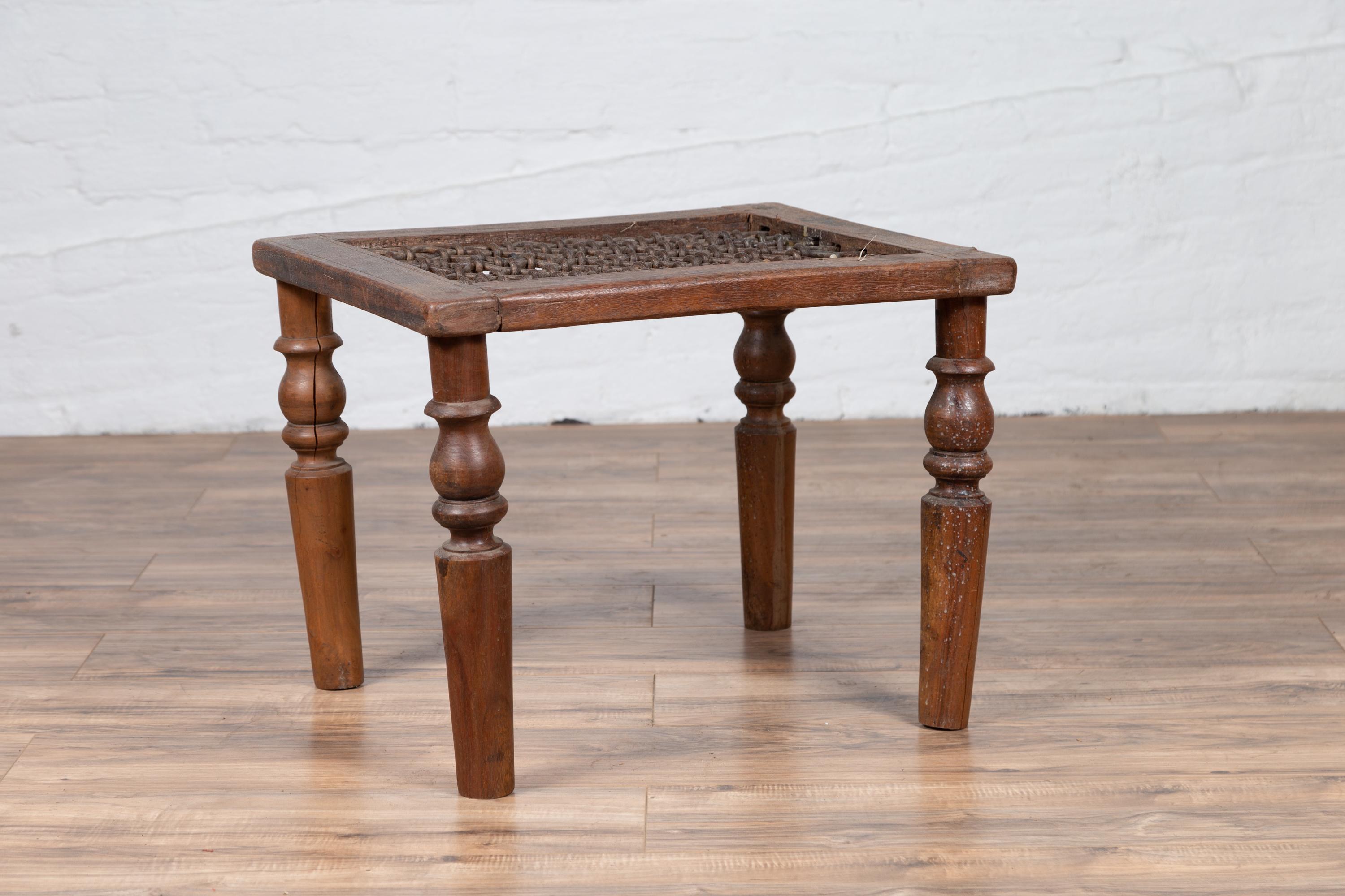 Antique Indian Window Grate Made into a Coffee Table with Turned Baluster Legs In Fair Condition For Sale In Yonkers, NY