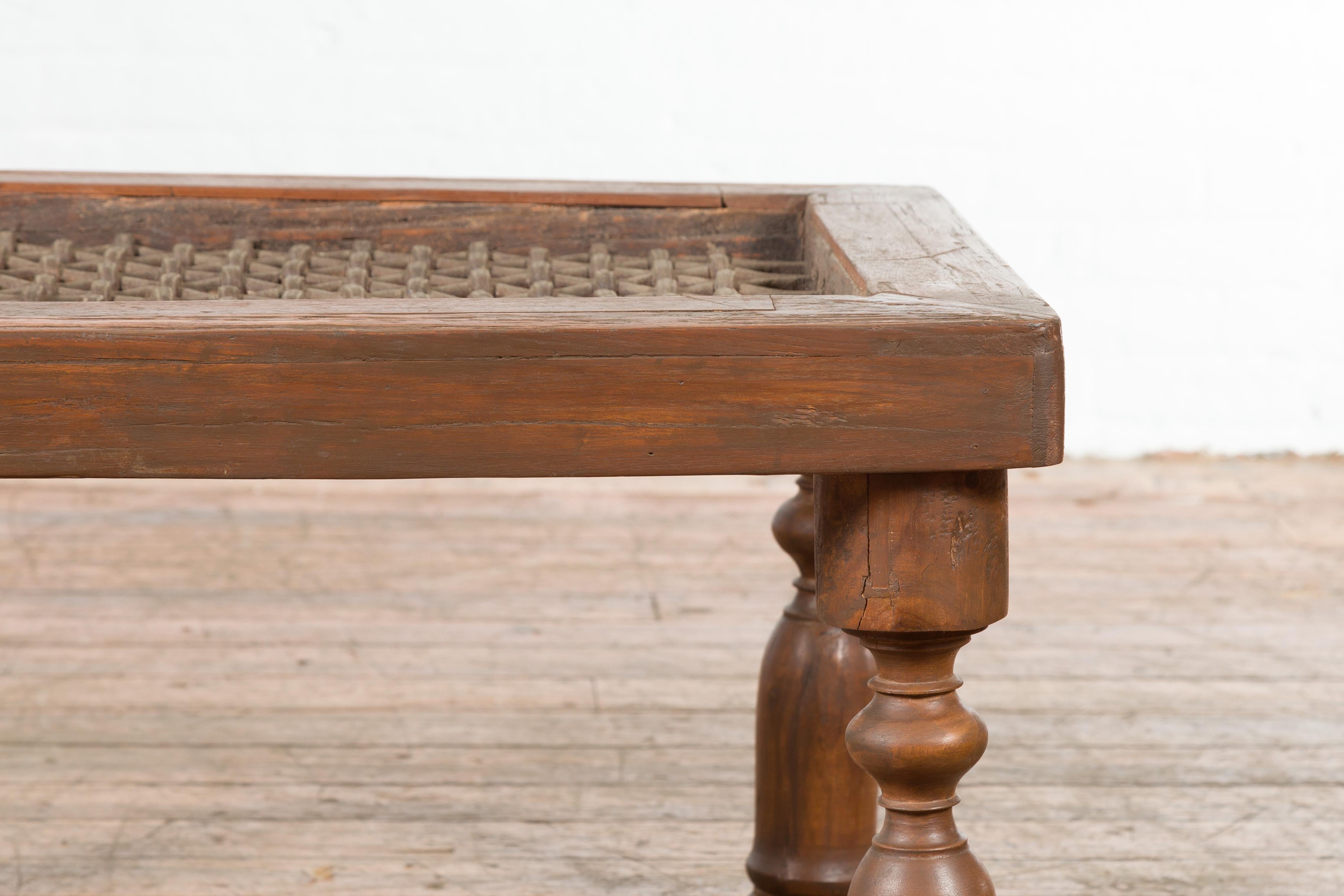 Antique Indian Window Grate Made into a Coffee Table with Turned Baluster Legs For Sale 1