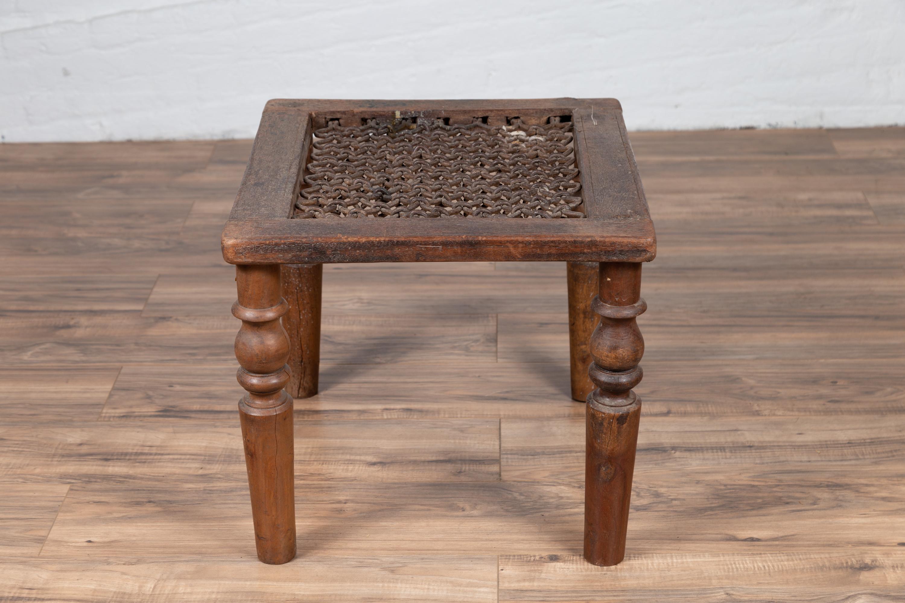 Iron Antique Indian Window Grate Made into a Coffee Table with Turned Baluster Legs For Sale