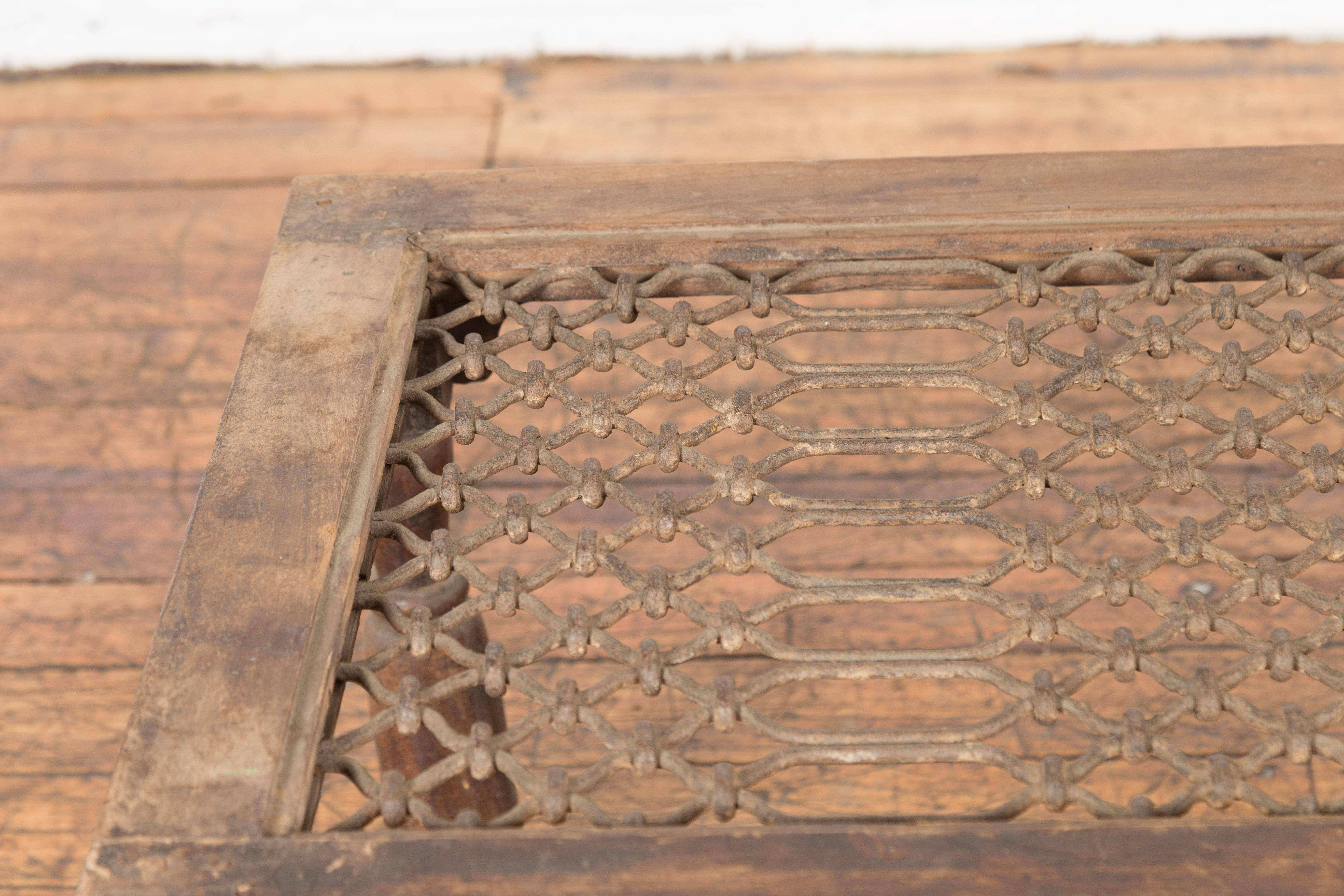 Iron Antique Indian Window Grate Made into a Coffee Table with Turned Baluster Legs For Sale