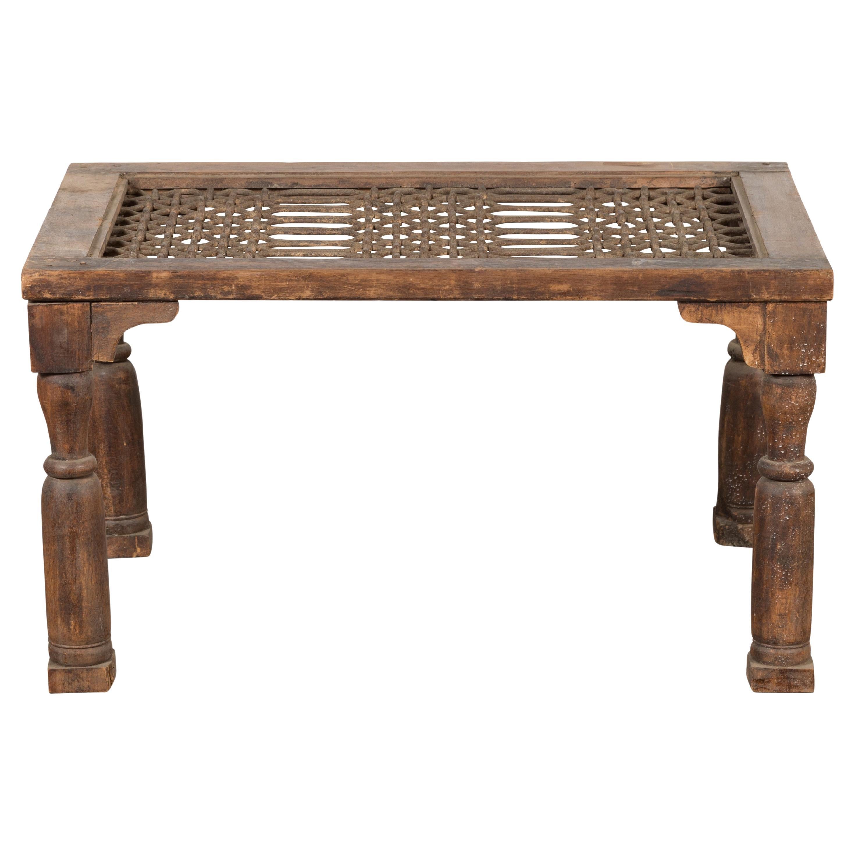 Antique Indian Window Grate Made into a Coffee Table with Turned Baluster Legs For Sale