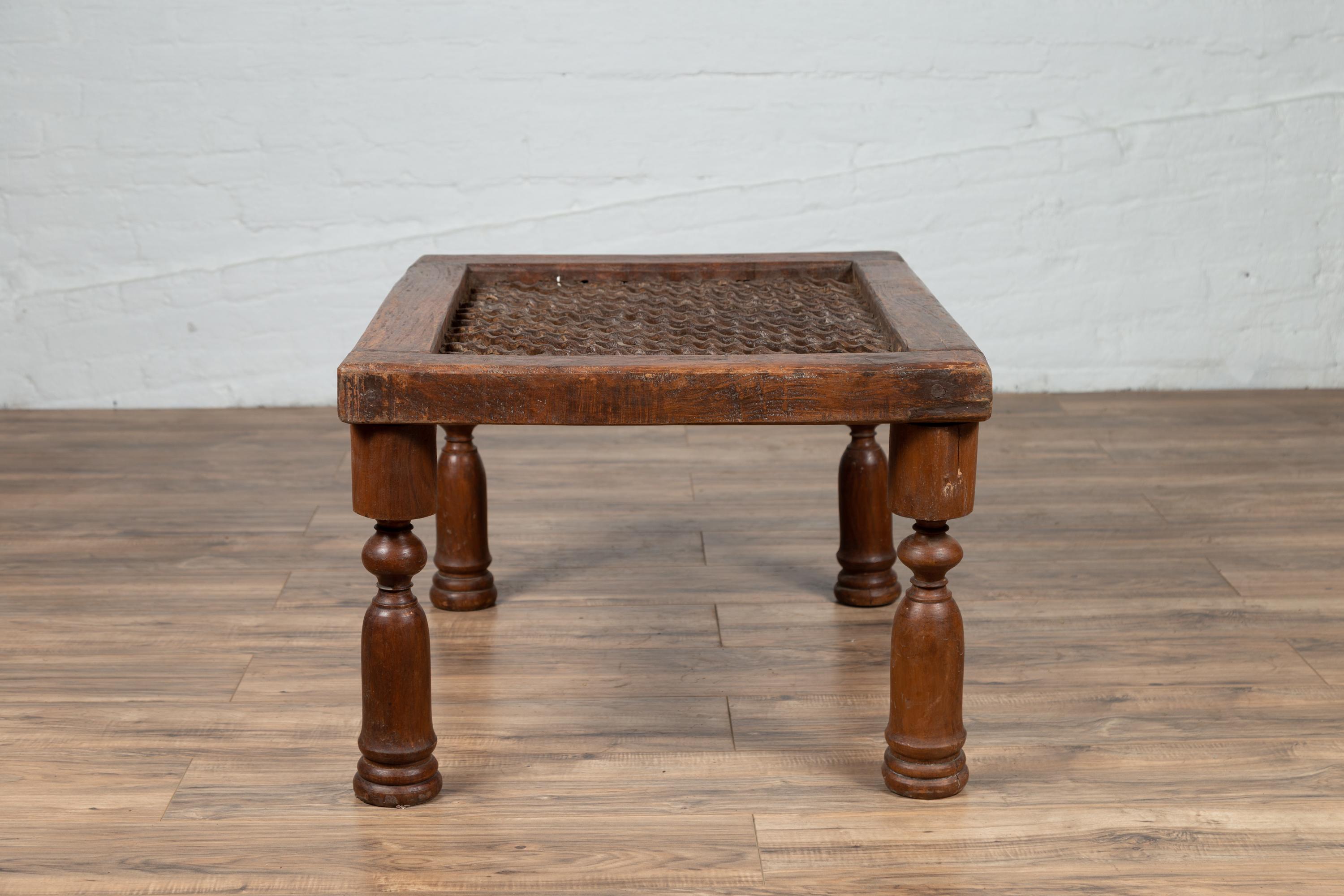 Antique Indian Window Grate Made into a Low Side Table with Turned Baluster Legs 3