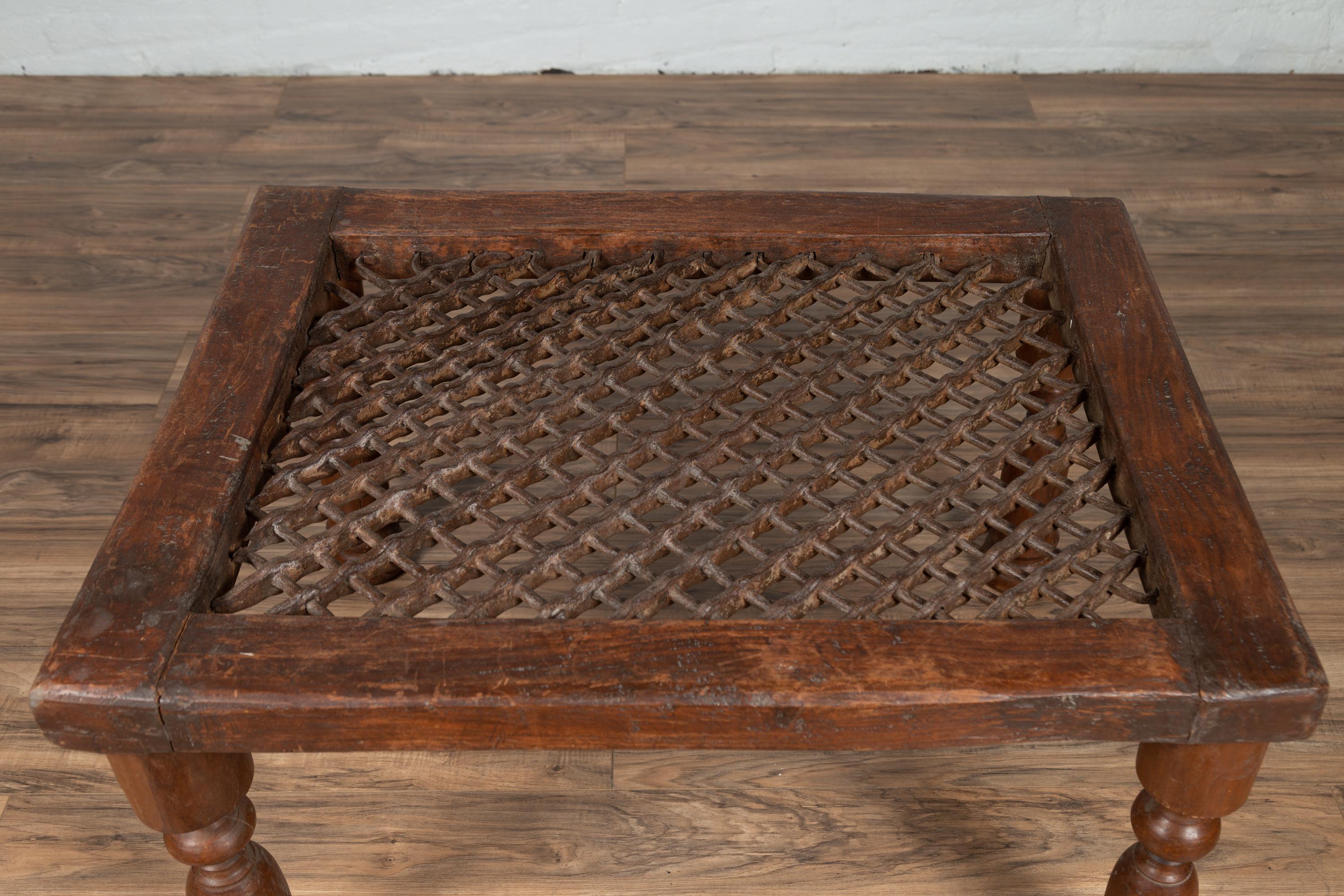 Rustic Antique Indian Window Grate Made into a Low Side Table with Turned Baluster Legs