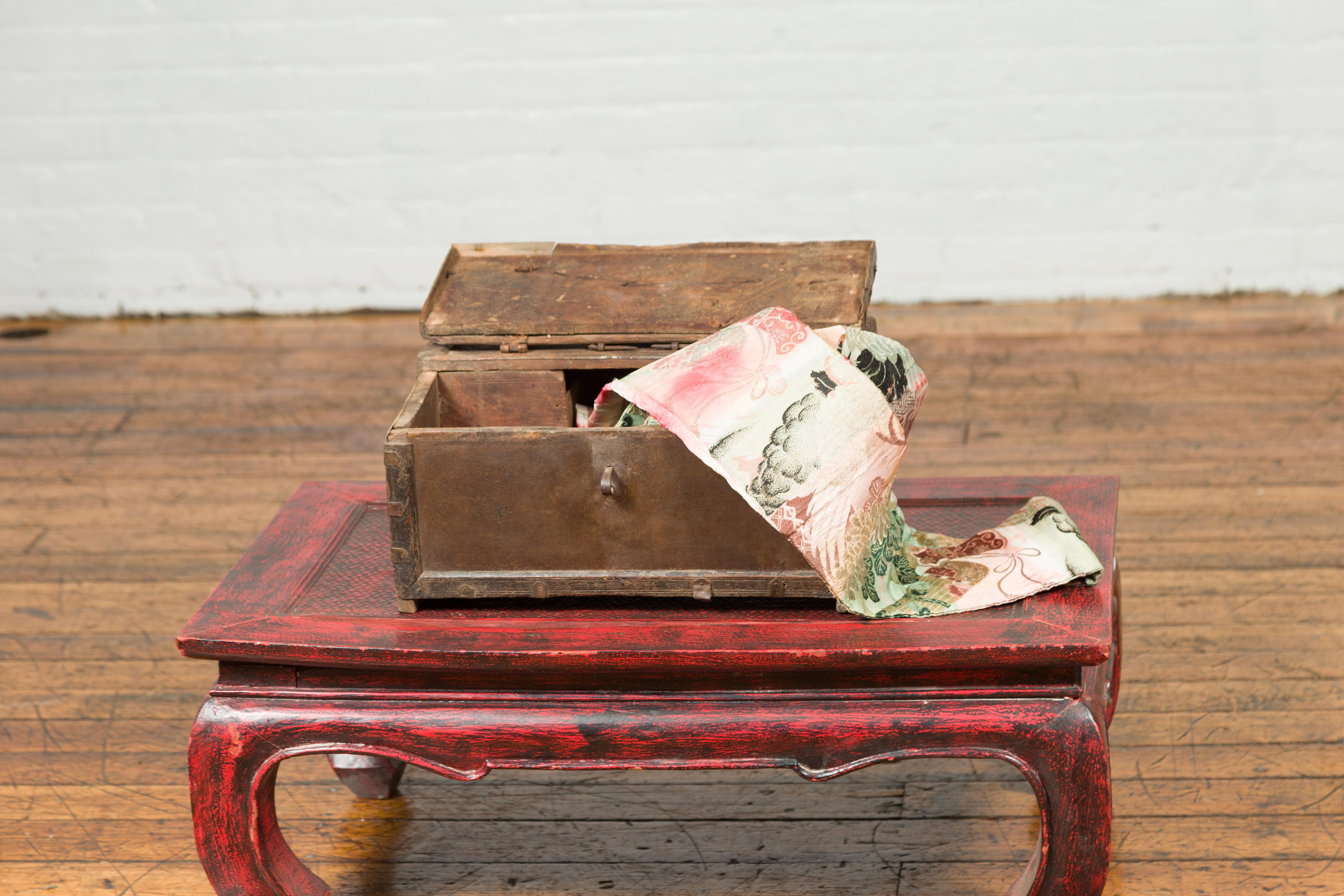 Antique Indian Wooden Cash Box from the 19th Century with Iron Hardware 4