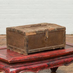 Antique Indian Wooden Cash Box from the 19th Century with Iron Hardware