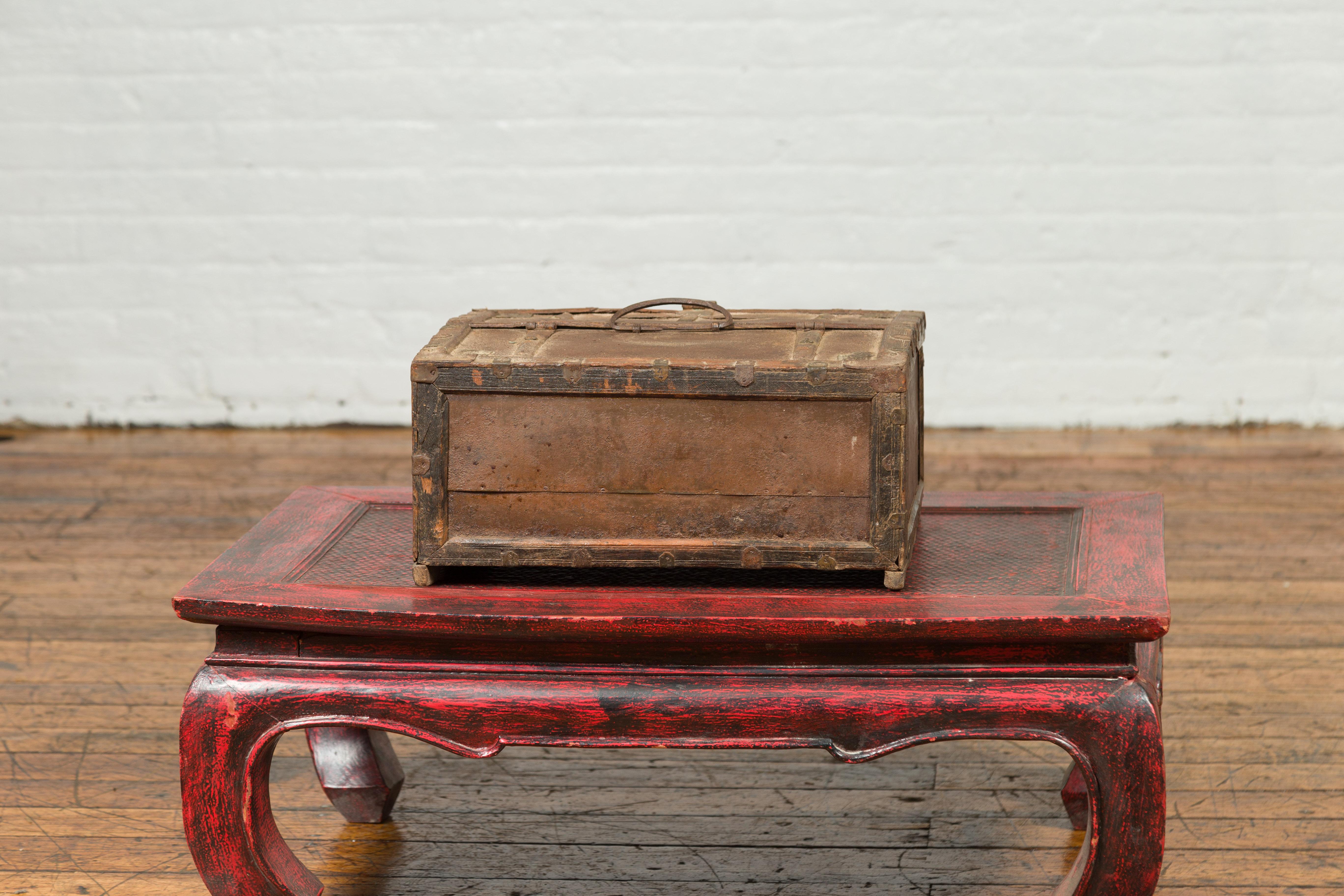 Antique Indian Wooden Cash Box from the 19th Century with Iron Hardware 1
