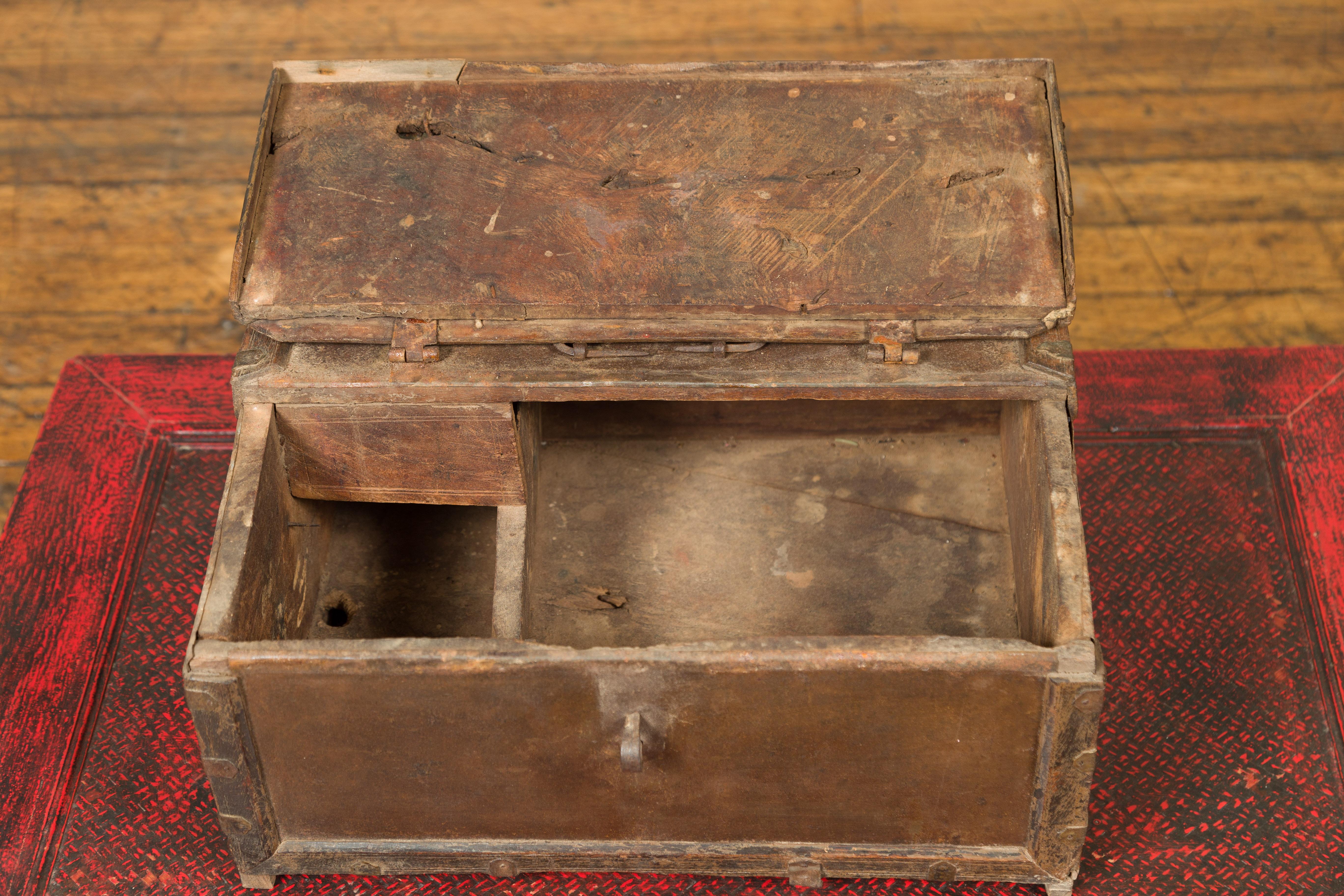 Antique Indian Wooden Cash Box from the 19th Century with Iron Hardware 3