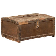 Antique Indian Wooden Cash Box from the 19th Century with Iron Hardware