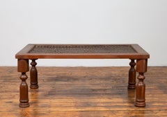 Antique Indian Wooden Coffee Table with Window Grate and Turned Baluster Legs