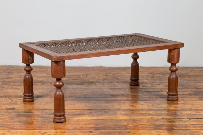 Antique Indian Wooden Coffee Table with Window Grate and Turned