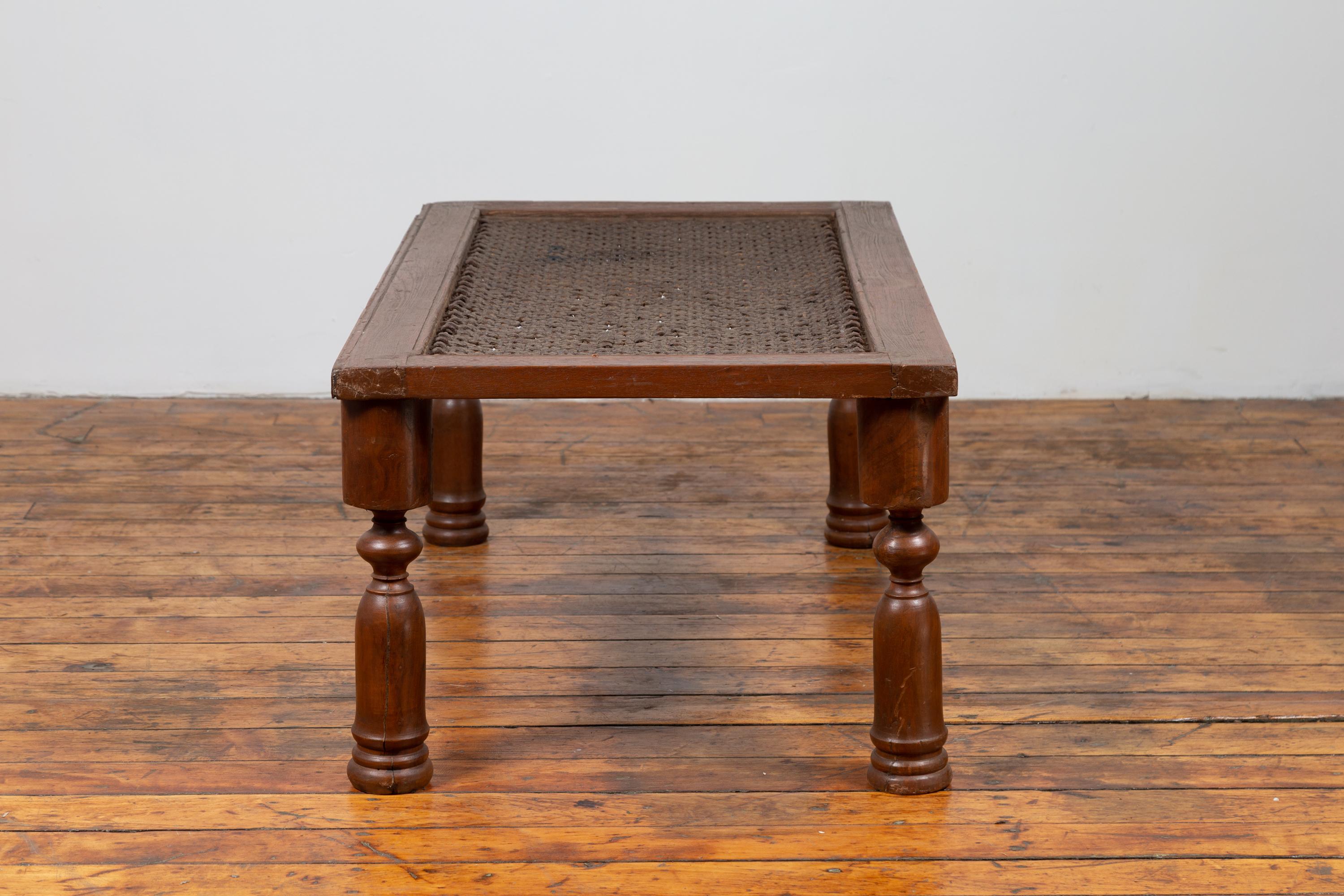 Rustic Antique Indian Wooden Coffee Table with Window Grate and Turned Baluster Legs