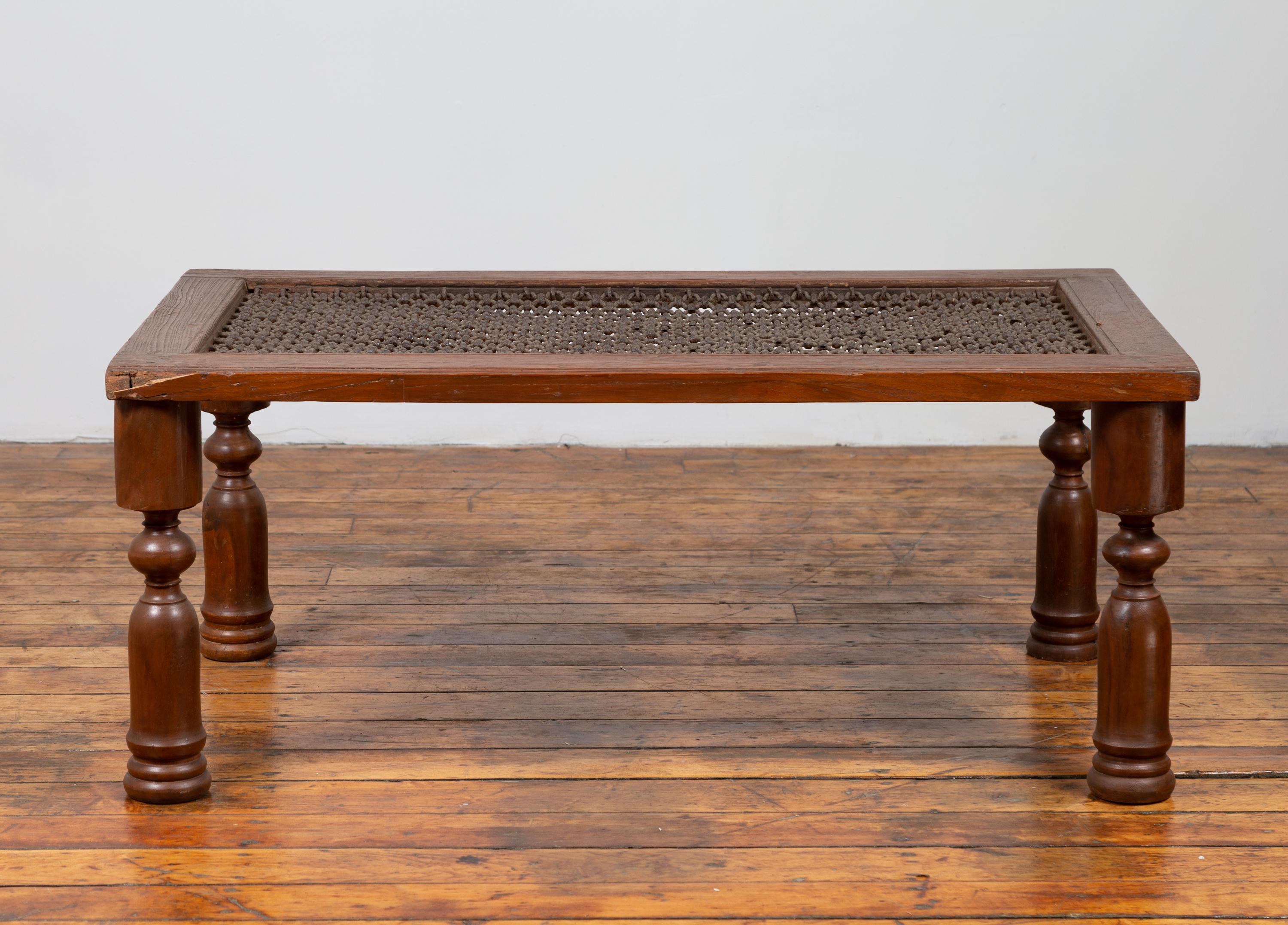 Antique Indian Wooden Coffee Table with Window Grate and Turned Baluster Legs In Good Condition In Yonkers, NY