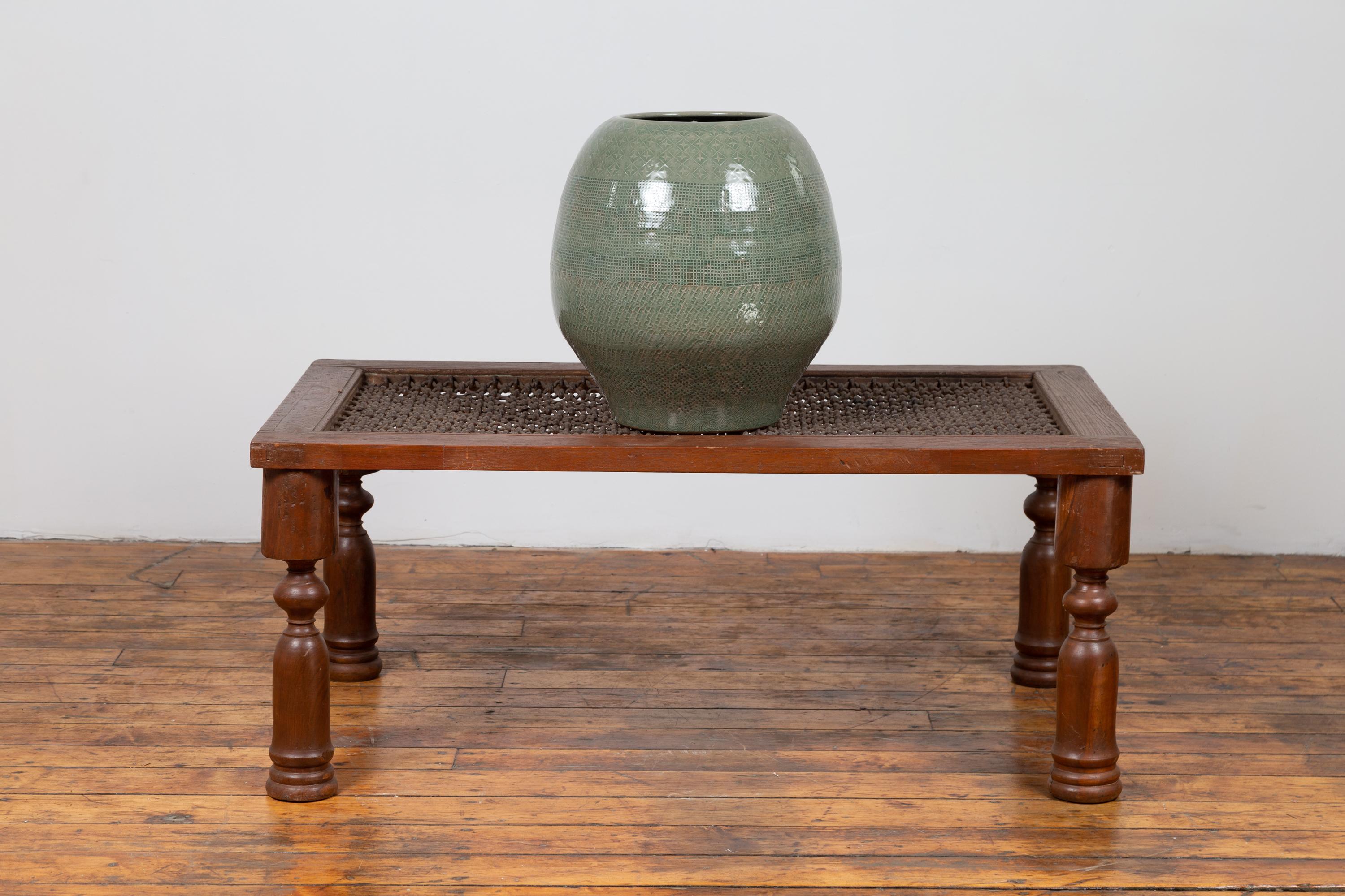 Metal Antique Indian Wooden Coffee Table with Window Grate and Turned Baluster Legs