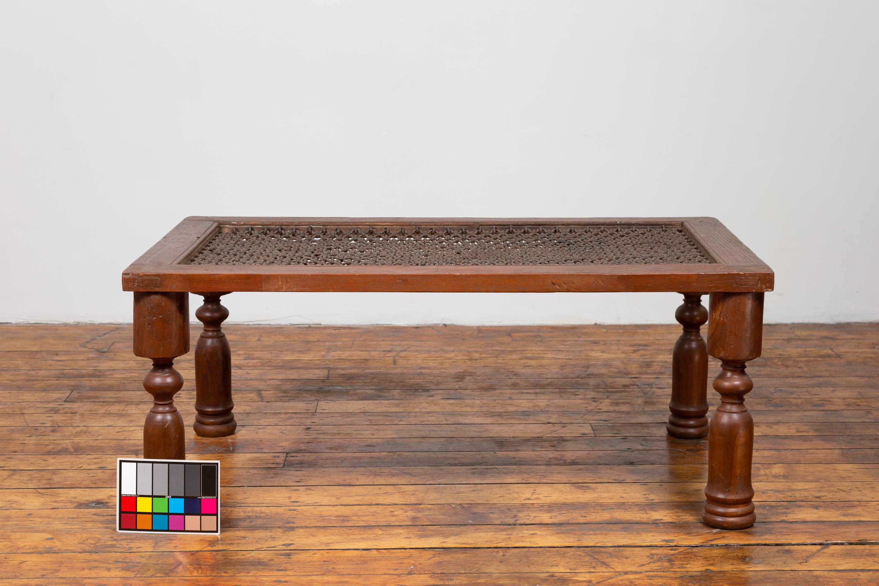 Antique Indian Wooden Coffee Table with Window Grate and Turned Baluster Legs 1