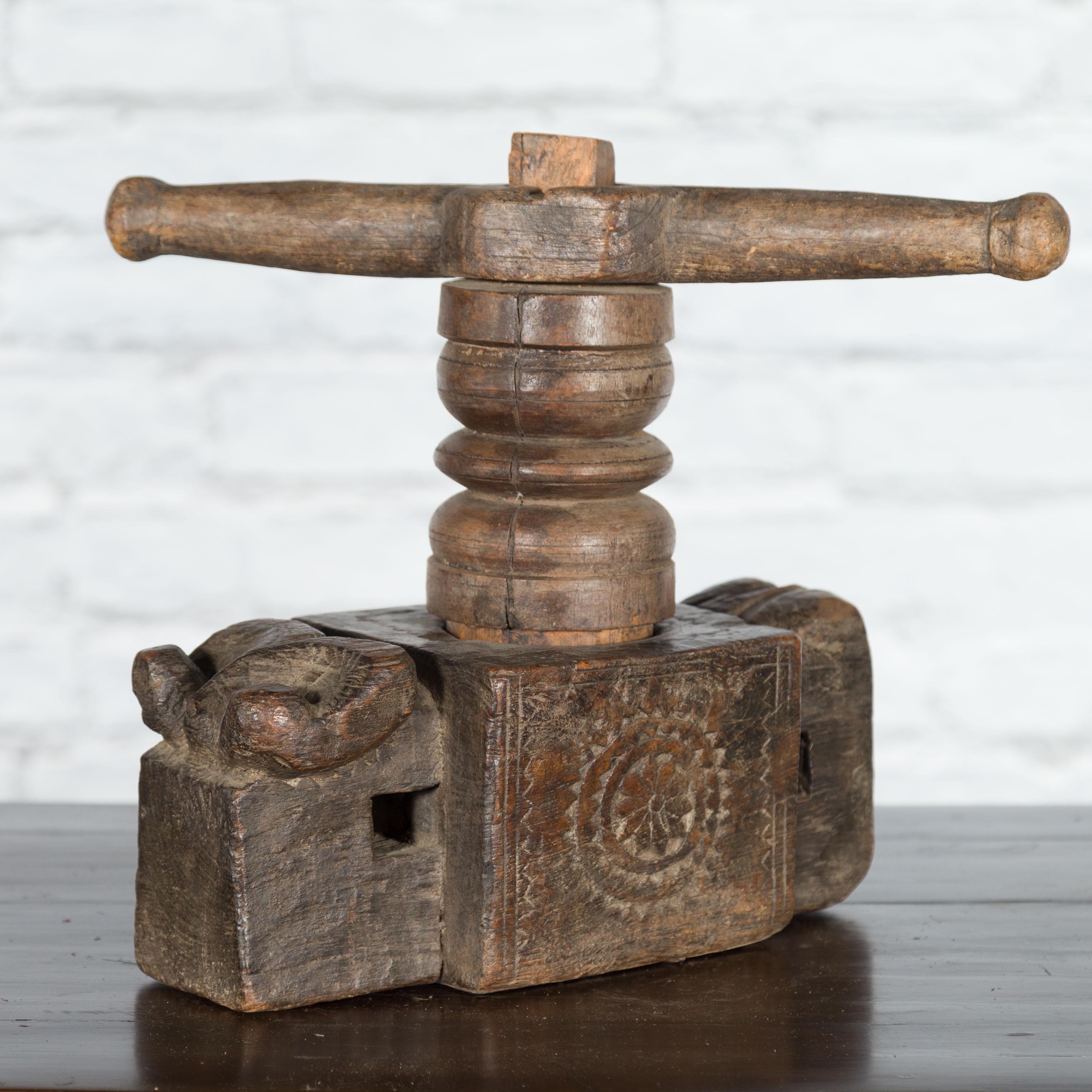 Rustic Antique Indian Wooden Hand Noodle Grinder with Carved Ram and Vice Press For Sale