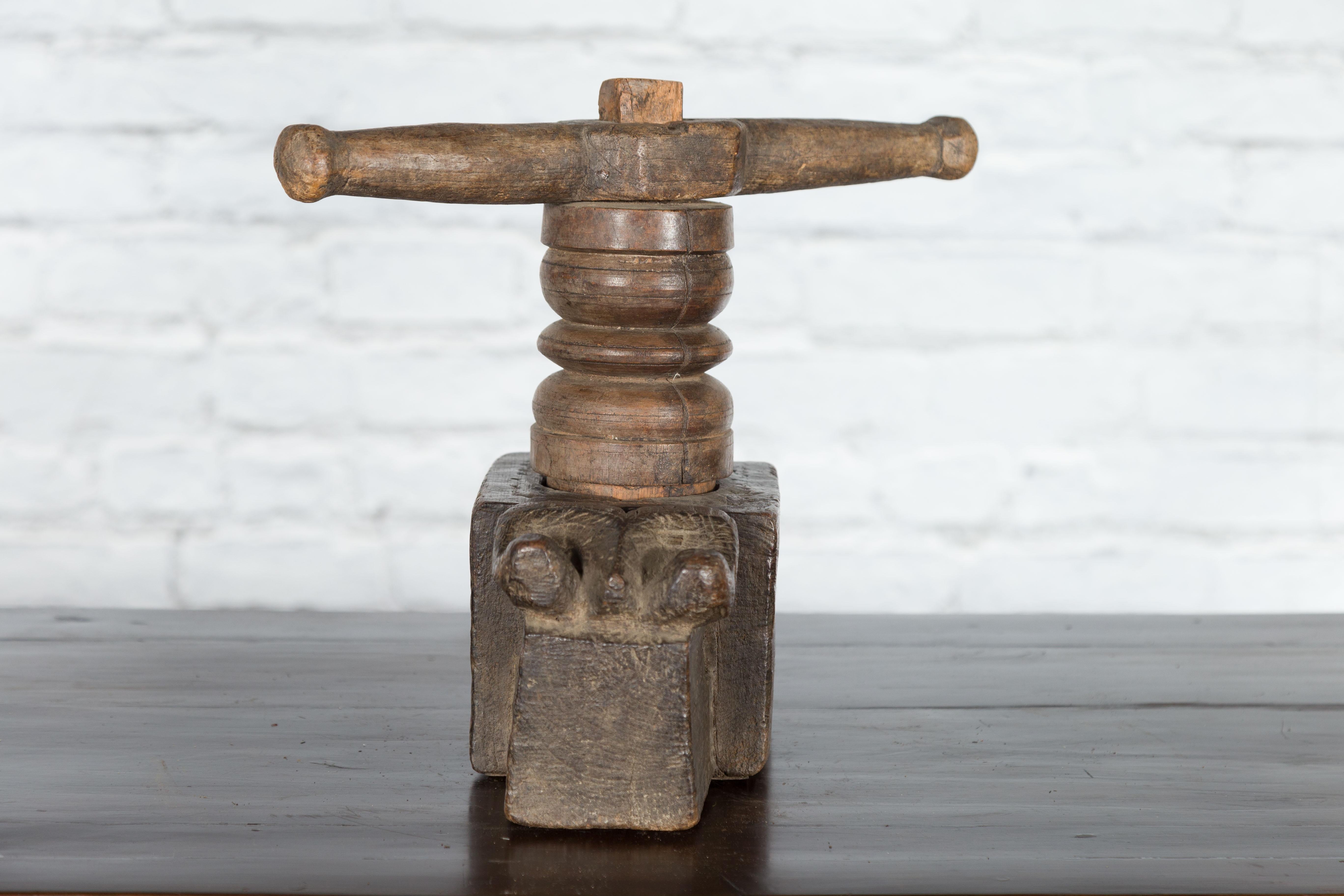 Hand-Carved Antique Indian Wooden Hand Noodle Grinder with Carved Ram and Vice Press For Sale