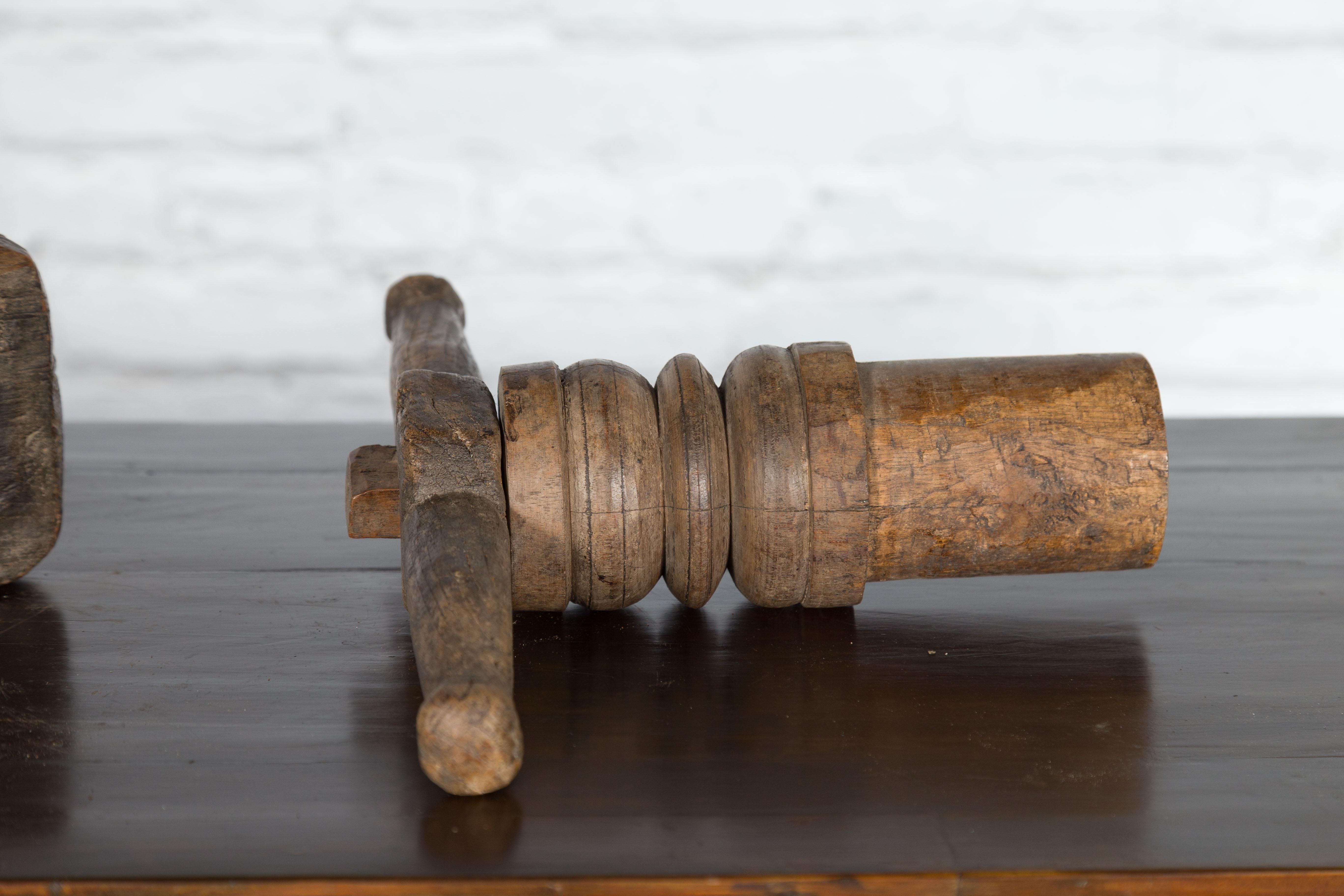 Antique Indian Wooden Hand Noodle Grinder with Carved Ram and Vice Press For Sale 1