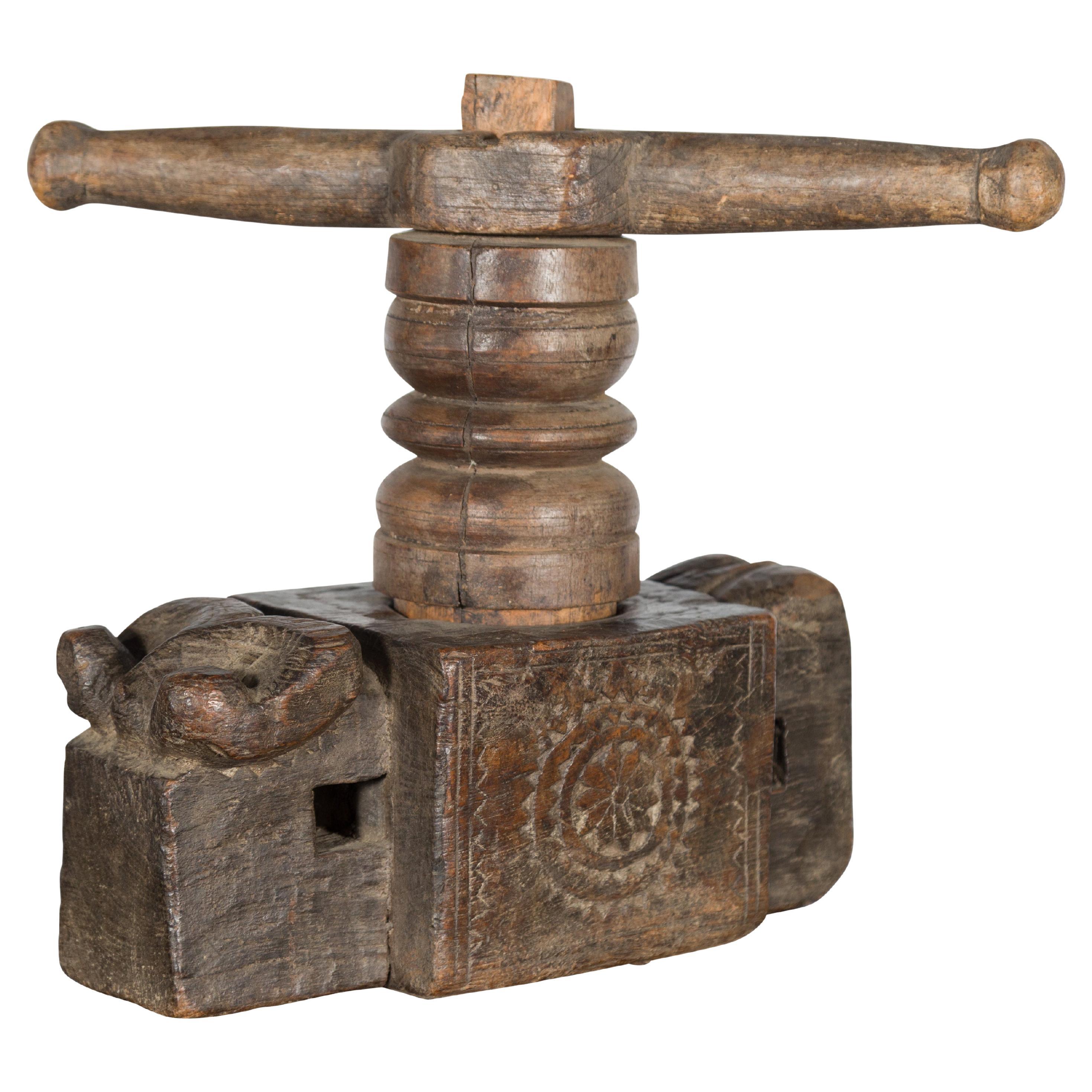 Antique Indian Wooden Hand Noodle Grinder with Carved Ram and Vice Press For Sale