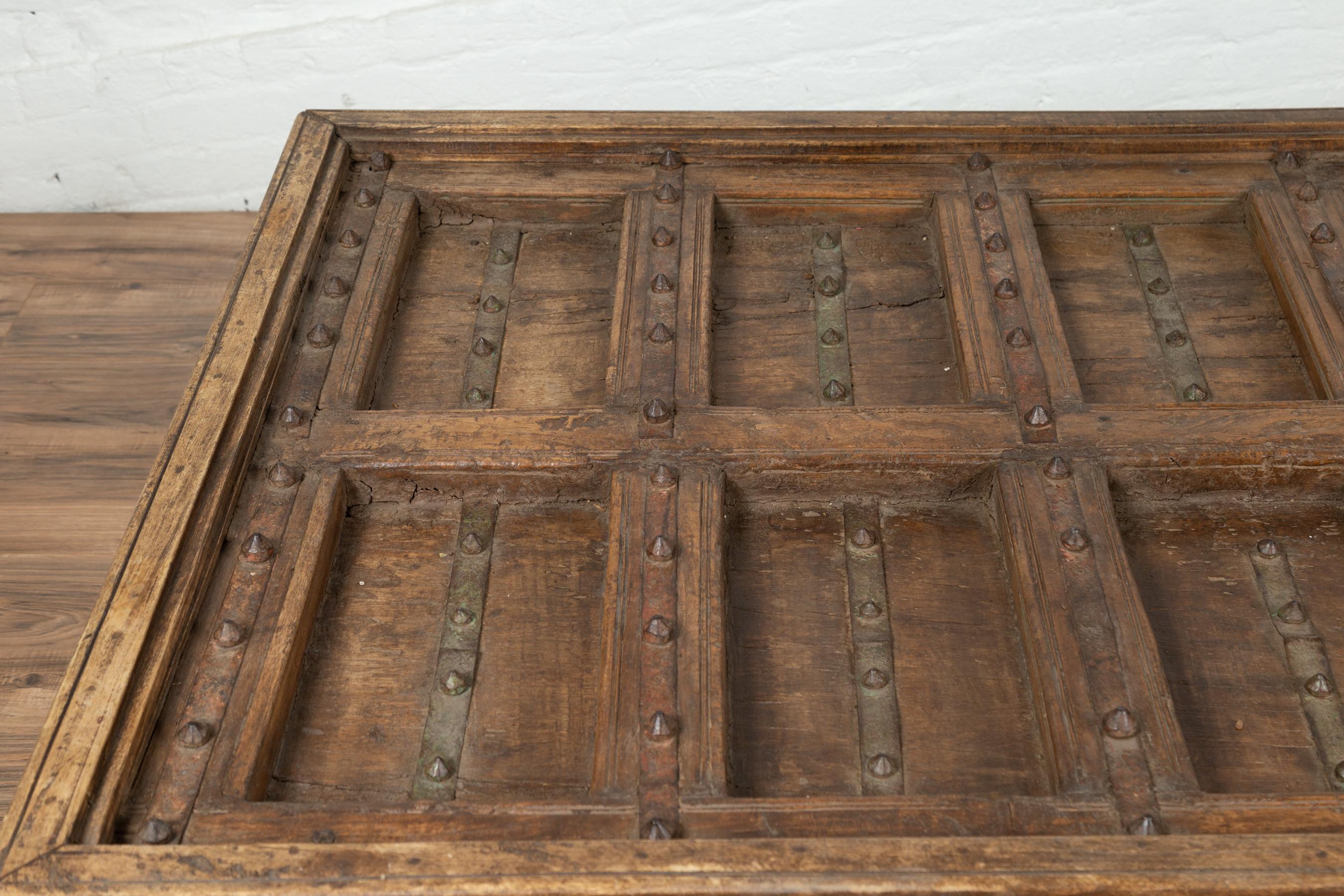 Antique Indian Wooden Palace Door Made into a Coffee Table with Iron Braces 2