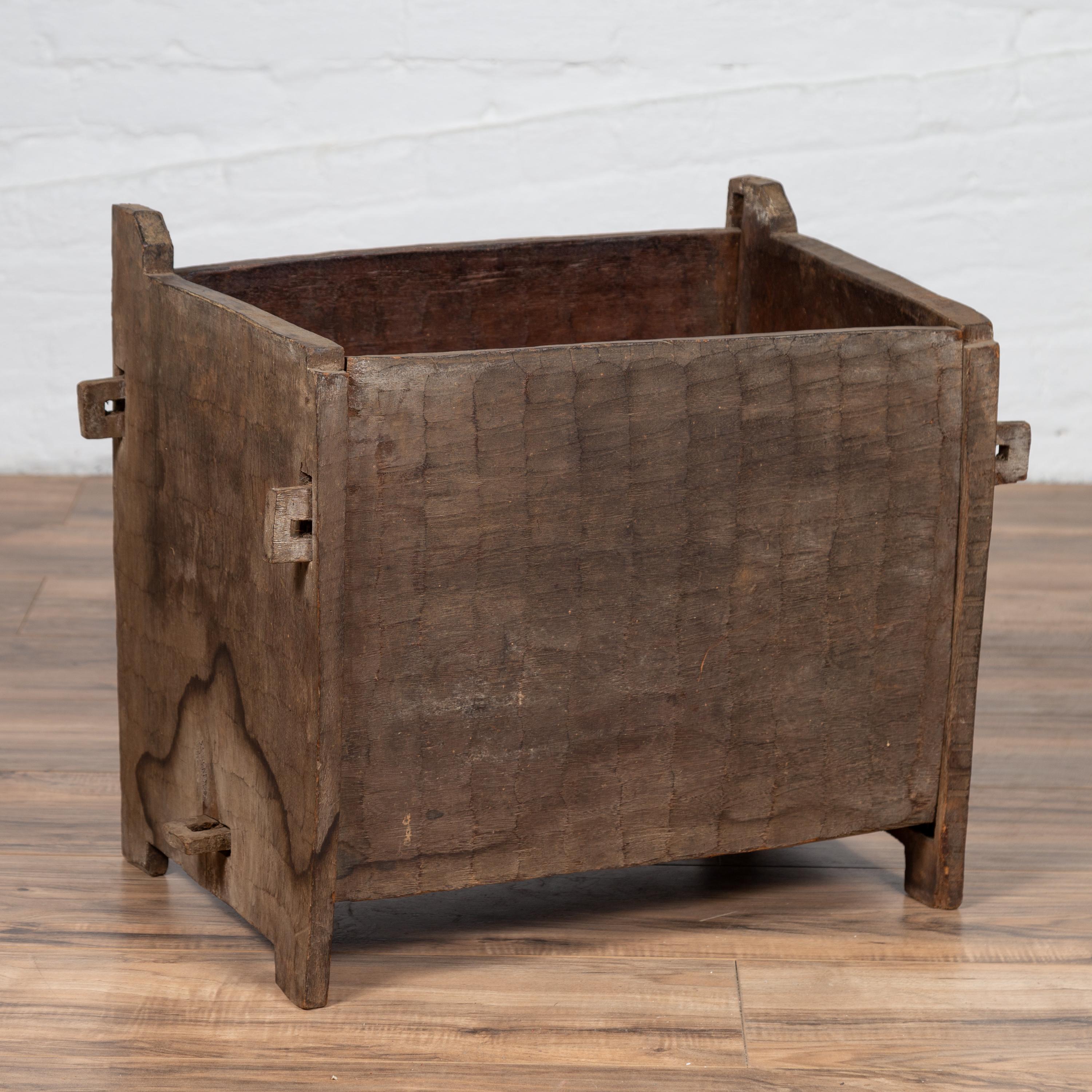 Antique Indian Wooden Planter Box with Weathered Patina and Protruding Accents In Distressed Condition In Yonkers, NY