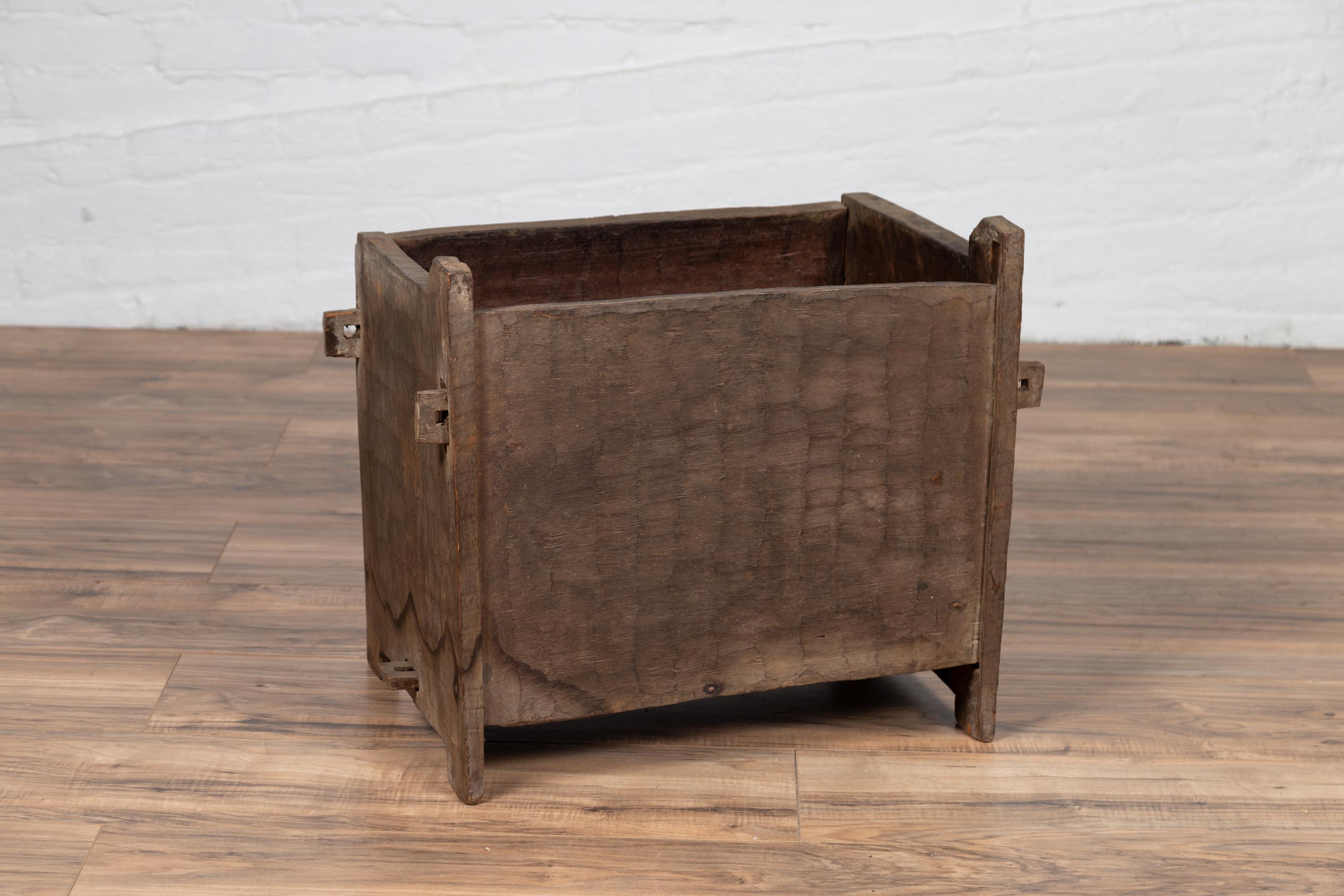 20th Century Antique Indian Wooden Planter Box with Weathered Patina and Protruding Accents