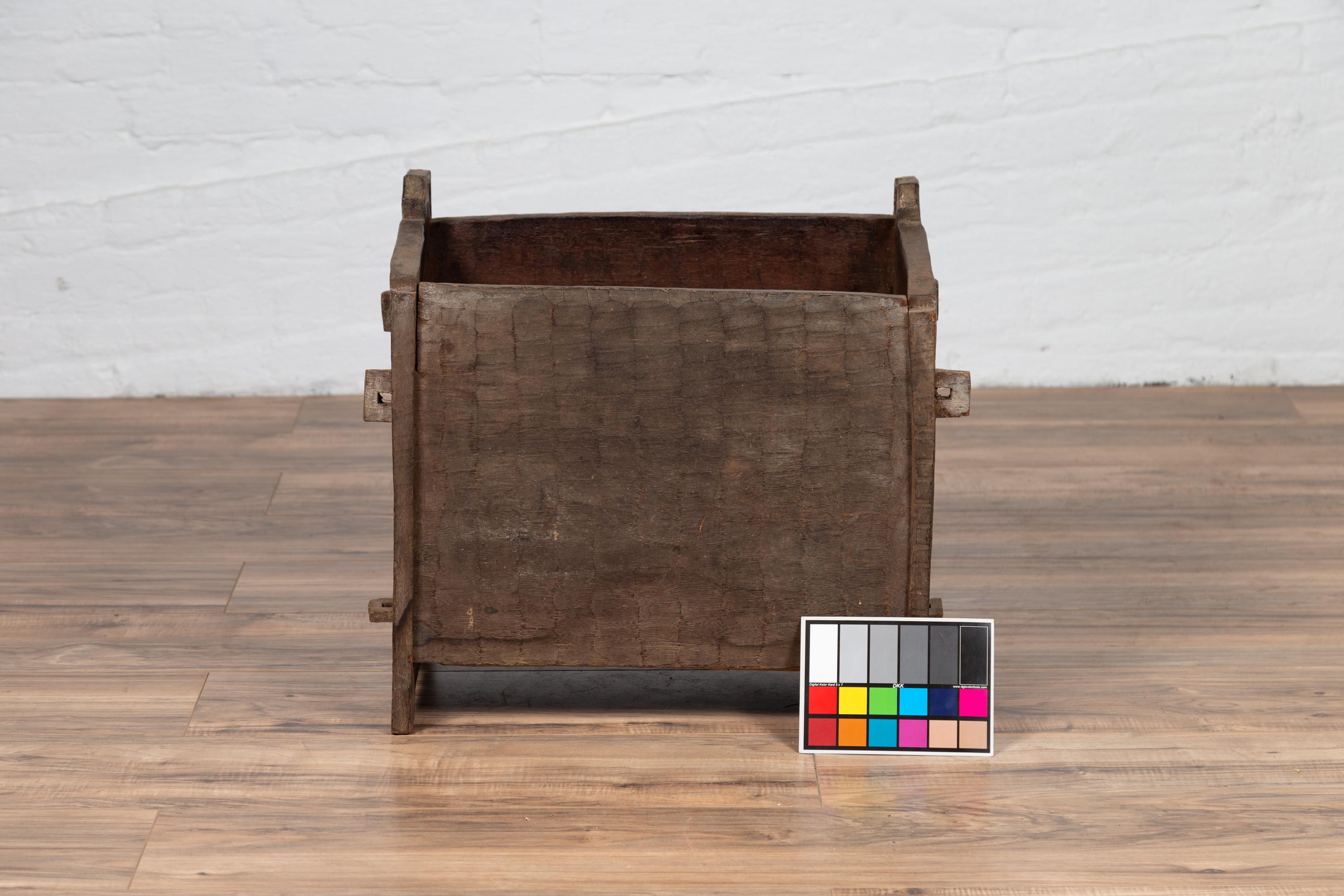 Antique Indian Wooden Planter Box with Weathered Patina and Protruding Accents 1