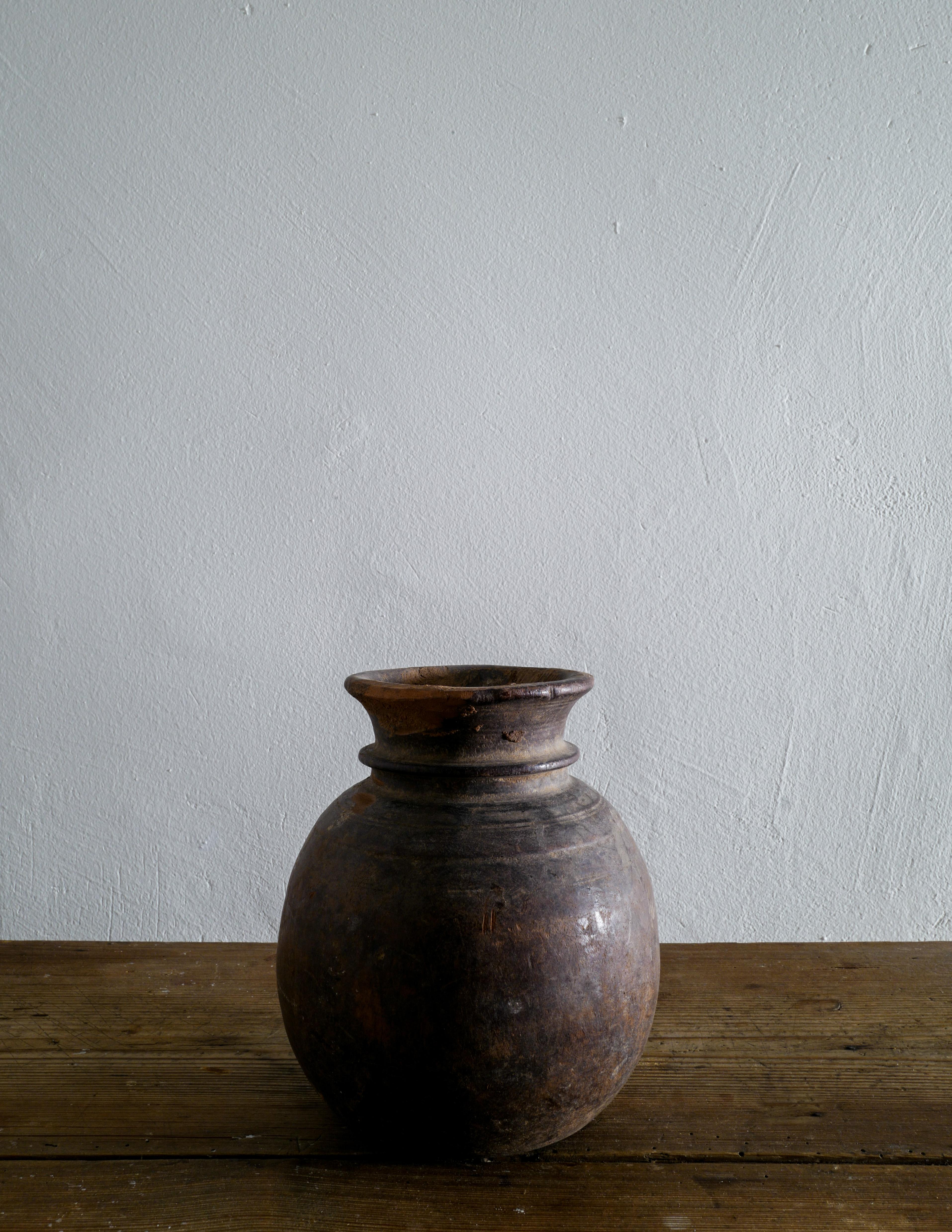 Primitive Antique Indian Wooden Pot in a Wabi Sabi Style