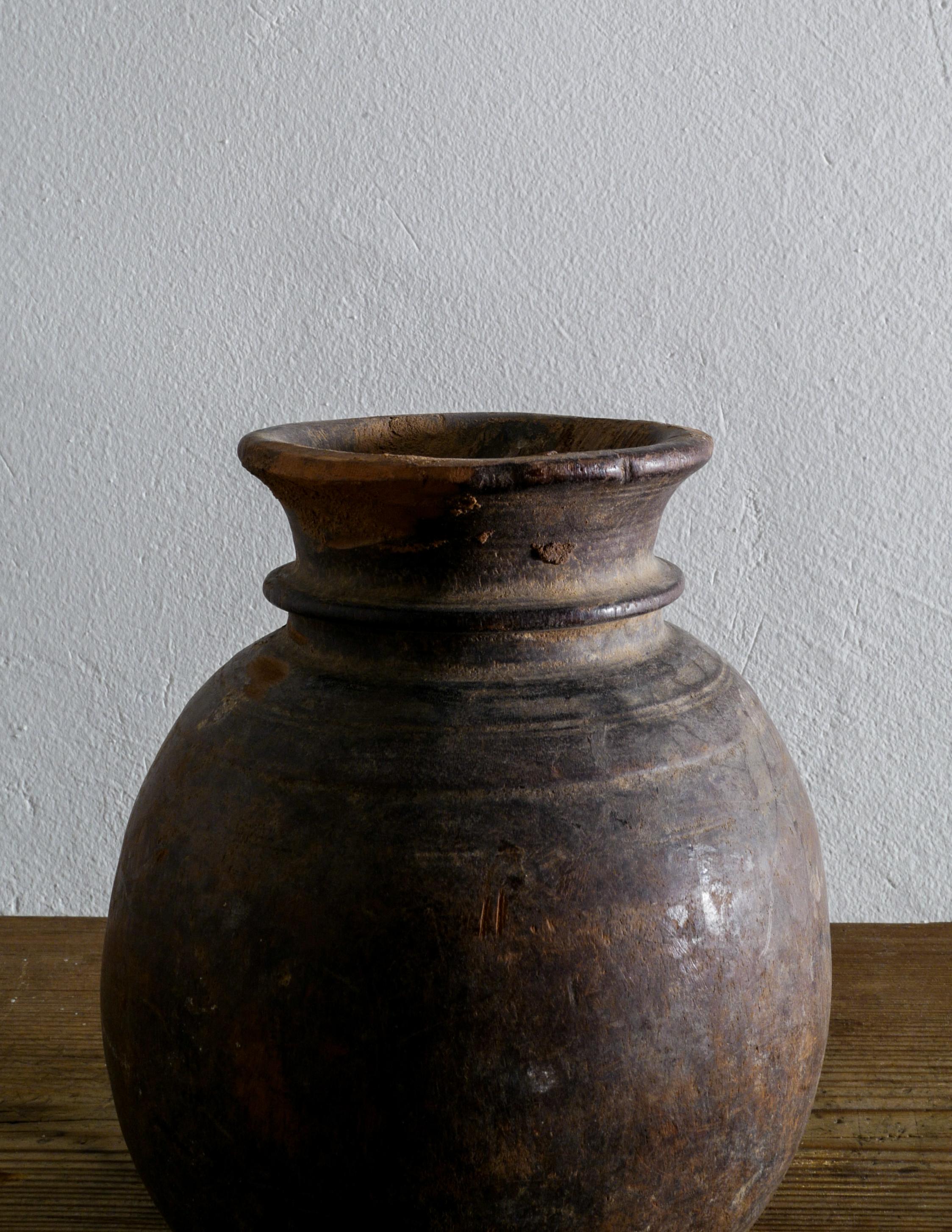 Late 19th Century Antique Indian Wooden Pot in a Wabi Sabi Style