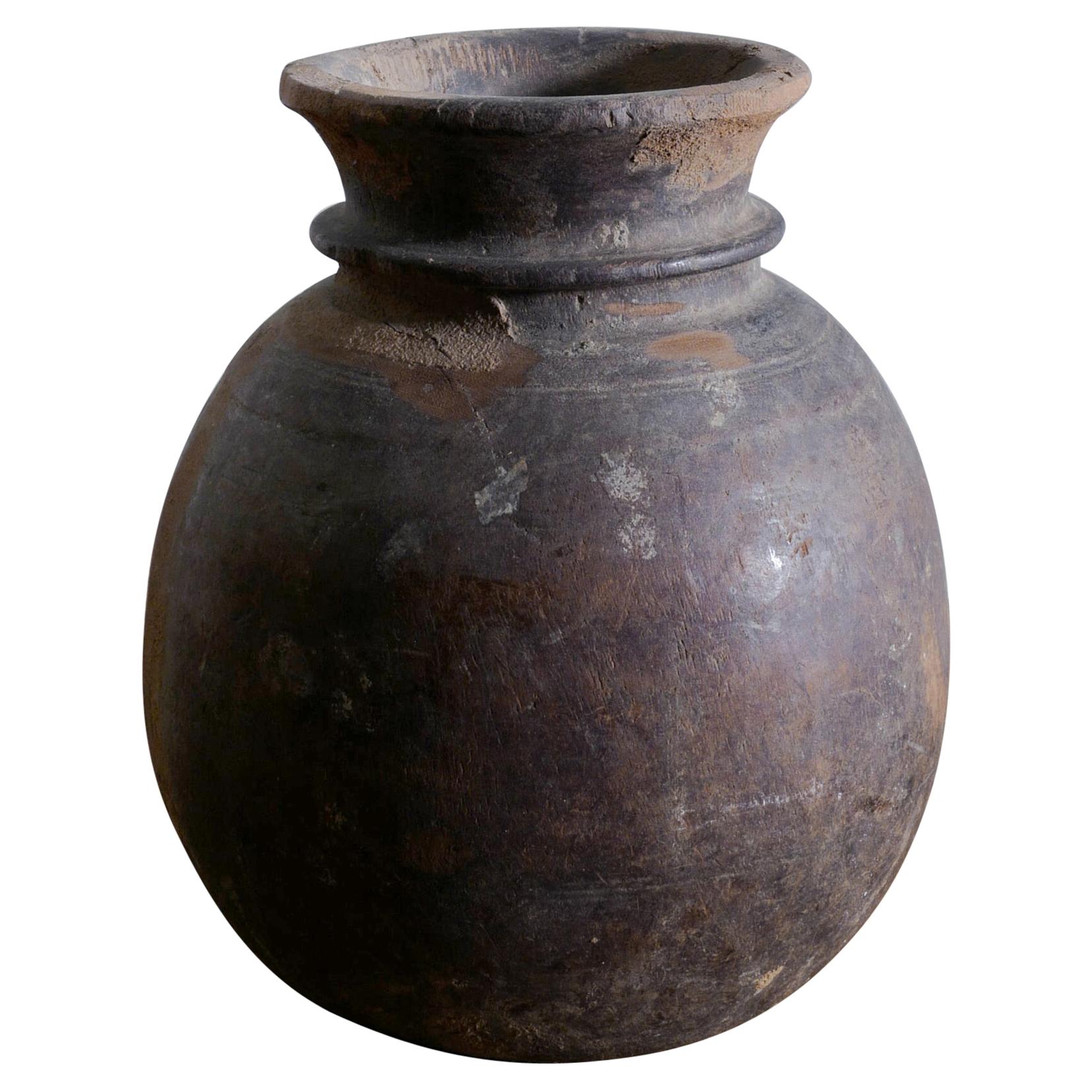 Antique Indian Wooden Pot in a Wabi Sabi Style