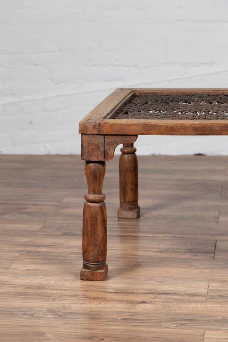 Antique Indian Wooden Side Table with Window Grate and Turned Baluster