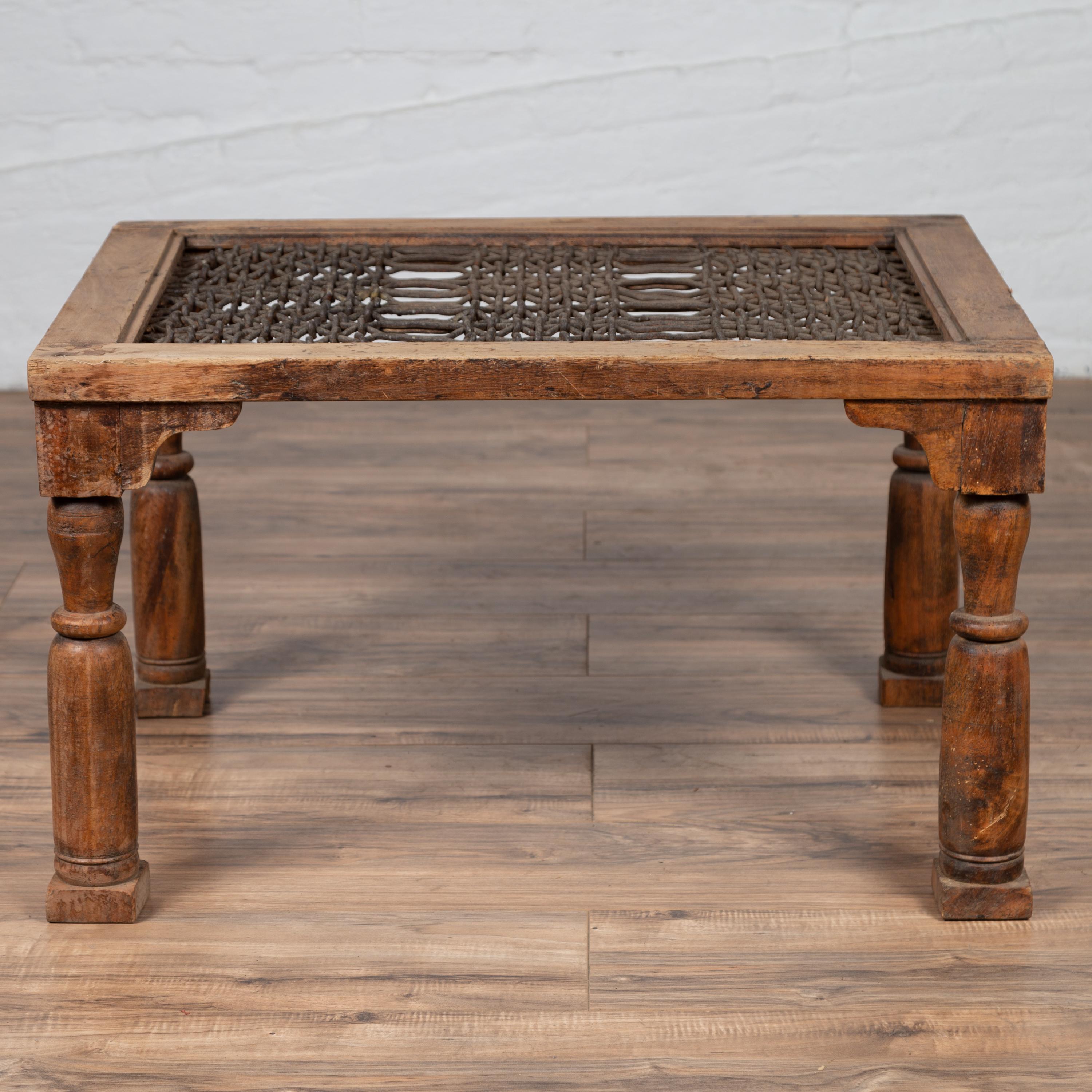 Antique Indian Wooden Side Table with Window Grate and Turned Baluster Legs For Sale 3