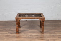 Antique Indian Wooden Side Table with Window Grate and Turned Baluster Legs