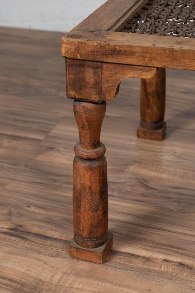 Antique Indian Wooden Side Table with Window Grate and Turned Baluster
