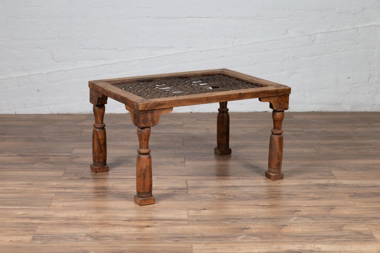 Antique Indian Wooden Side Table with Window Grate and Turned Baluster