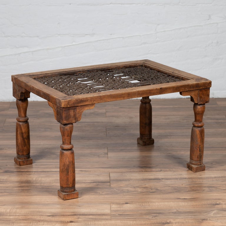 Antique Indian Wooden Side Table with Window Grate and Turned Baluster