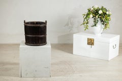 Antique Indian Wooden Water Bucket with Iron Handle and Dark Patina