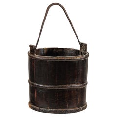 Antique Indian Wooden Water Bucket with Iron Handle and Dark Patina