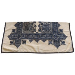 Antique Indigo and Natural Woven and Embroidered Fez Textile Fragment