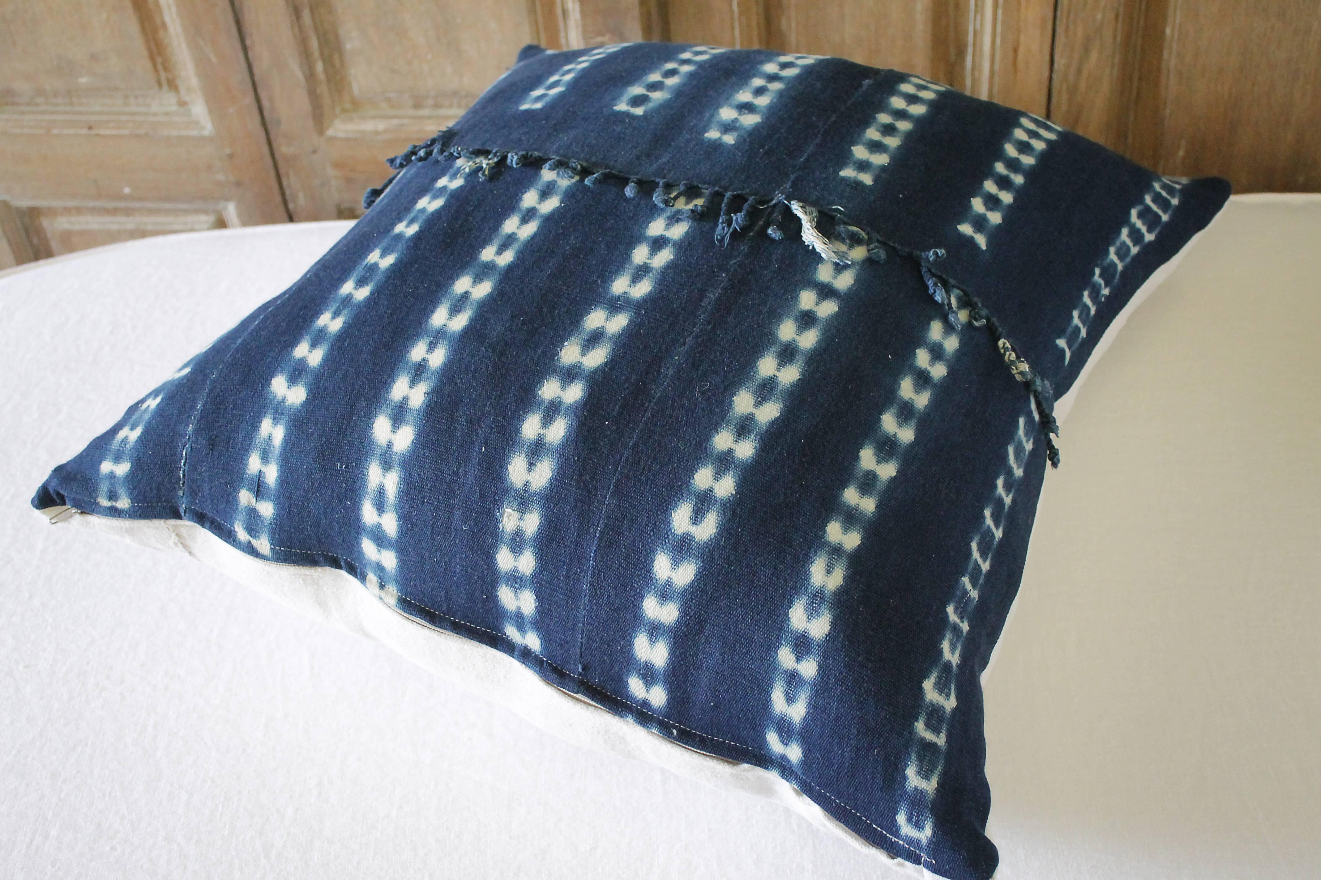Linen Antique Indigo Blue Batik Accent Pillows with Fringe