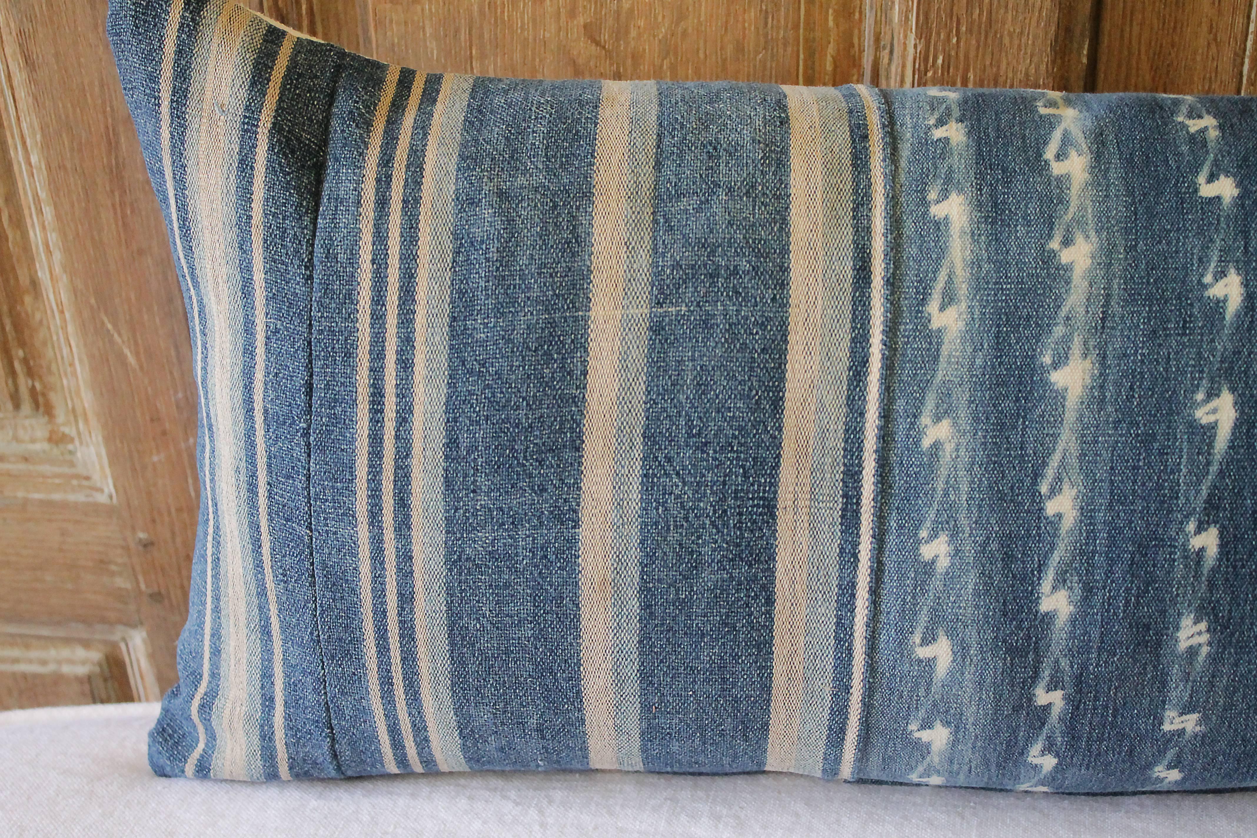 Asian Antique Indigo Blue Batik Lumbar Pillow
