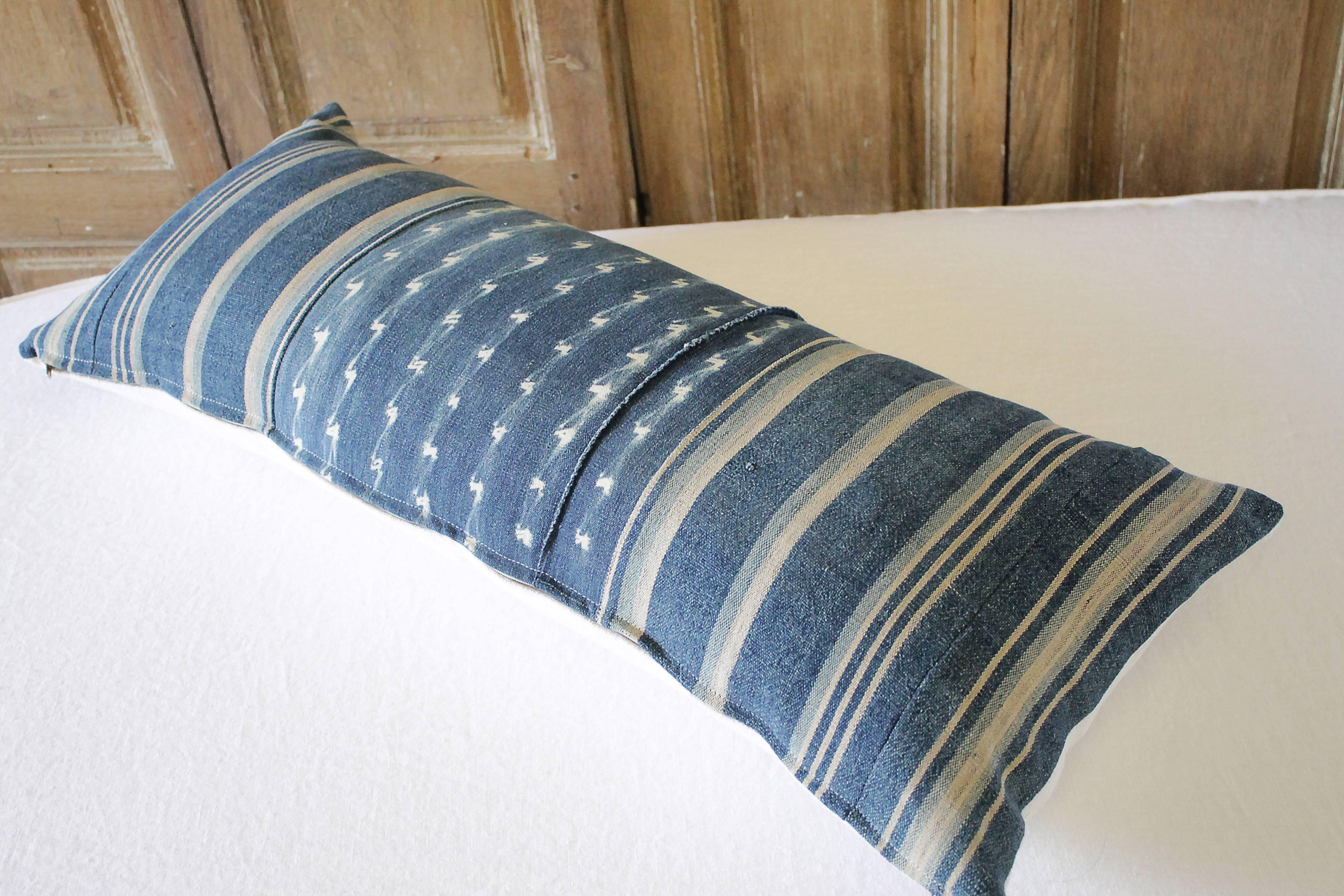 Antique Indigo Blue Batik Lumbar Pillow In Good Condition In Brea, CA