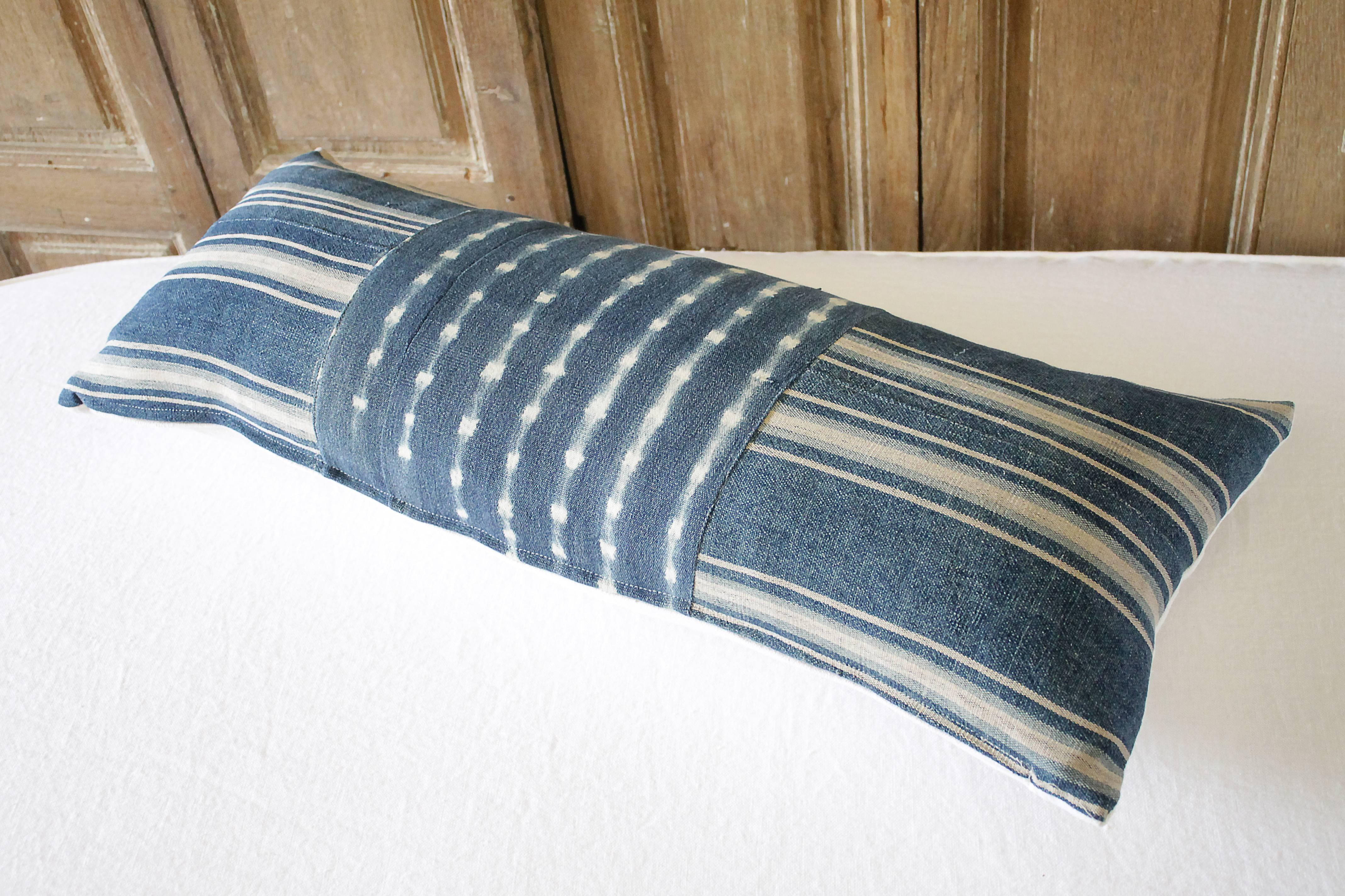 Antique Indigo Blue Batik Lumbar Pillow In Good Condition In Brea, CA