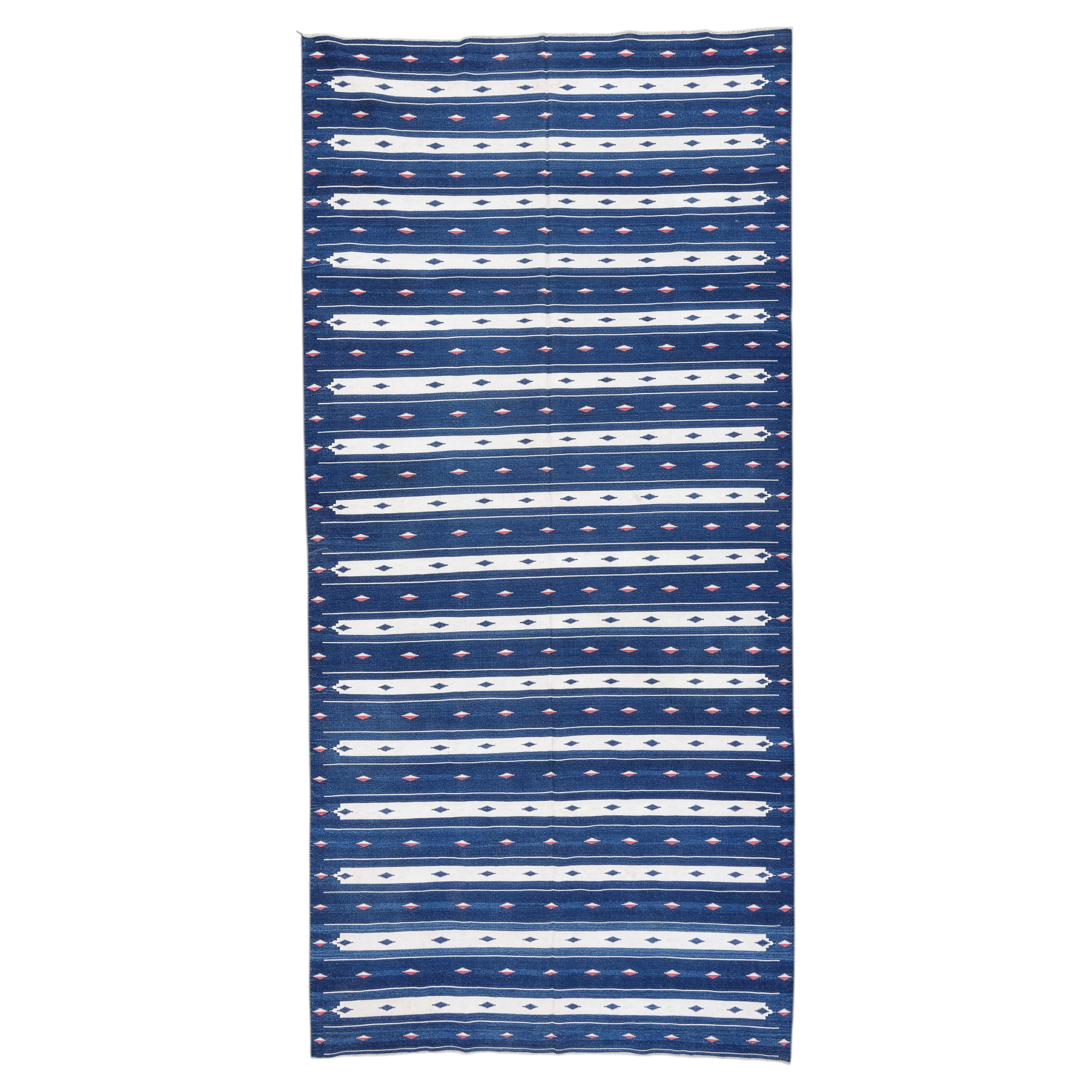 Tappeto indiano in cotone blu indaco antico, 6'6" x 13'9", per preghiera o moschea